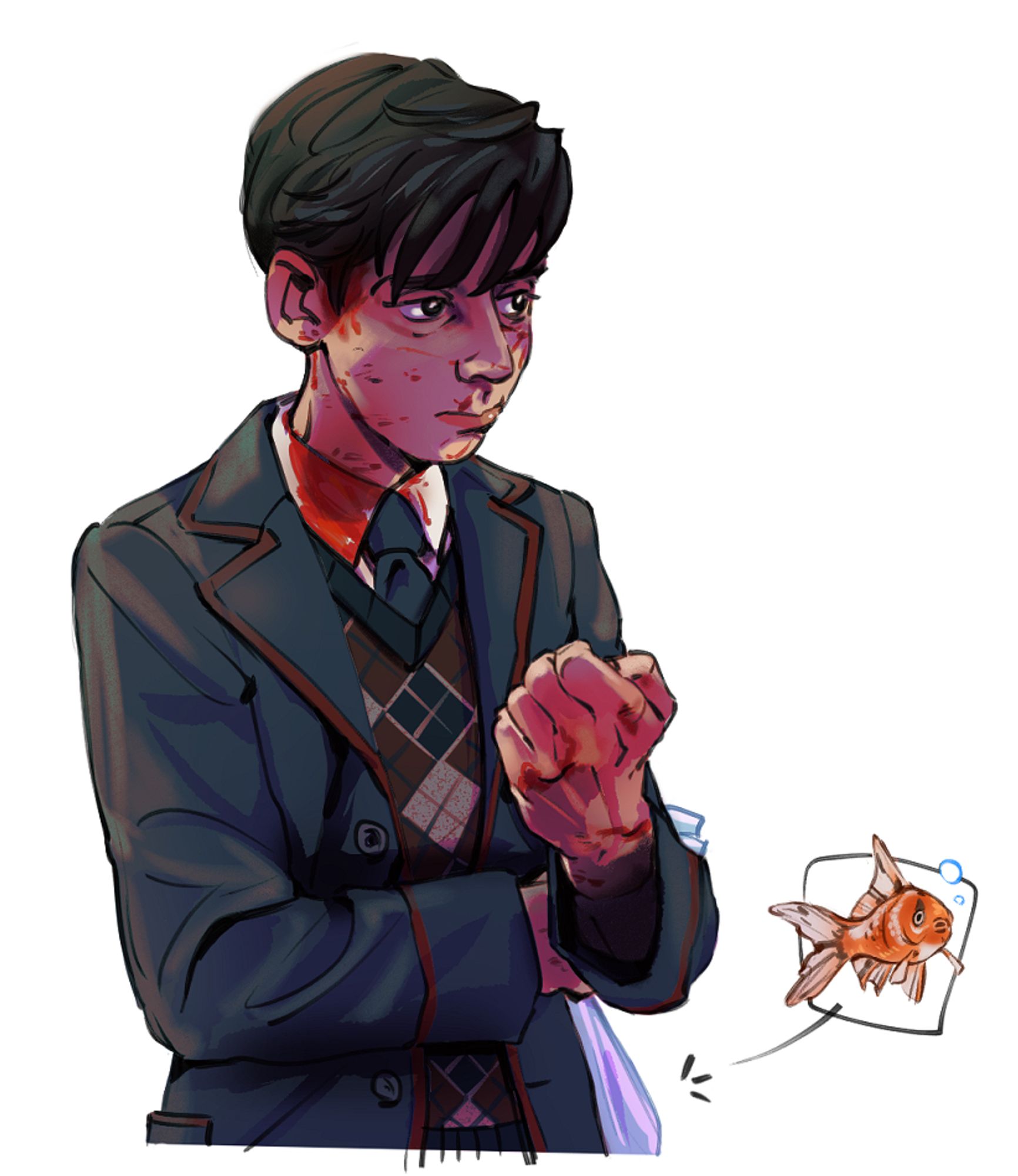 digital drawing of Five Hargreeves from The Umbrella Academy, he has blood on his face, collar shirt and left hand, on the bottom right is a drawing of A. J. Carmichael in a speech bubble