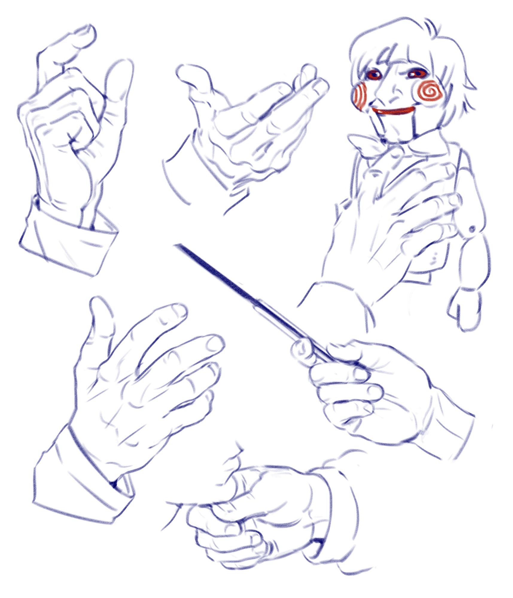 digital drawings of hands in blue and red; on the top right is billy the puppet from saw franchise