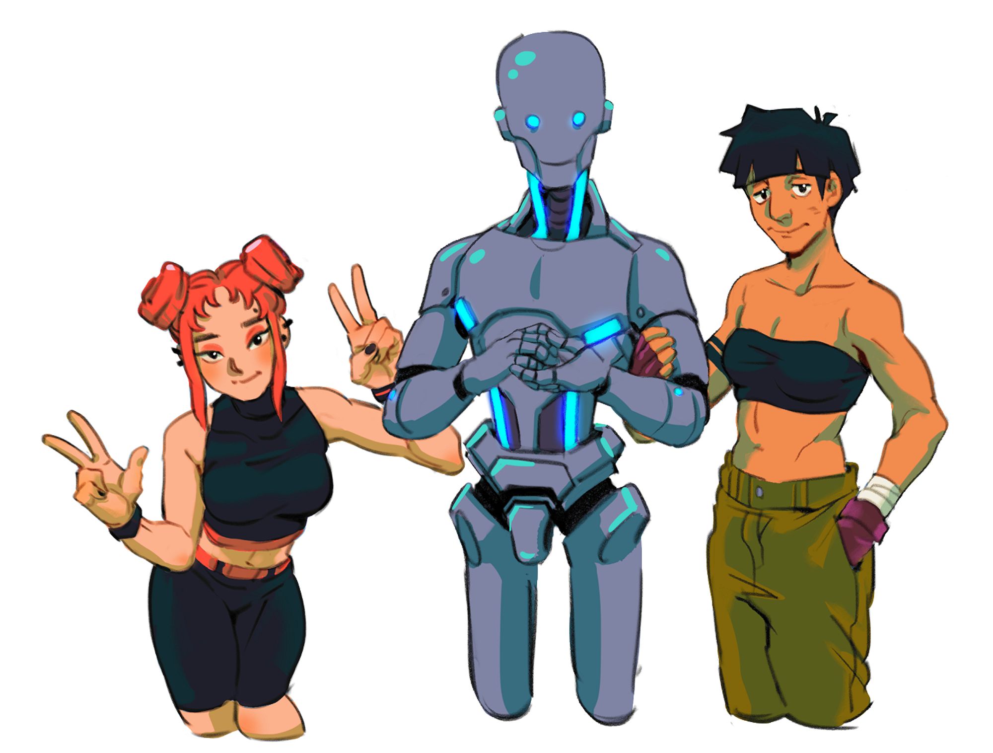 digital drawing of my ocs, Lou doing peace signs, Nova is holding Xeon by the arm