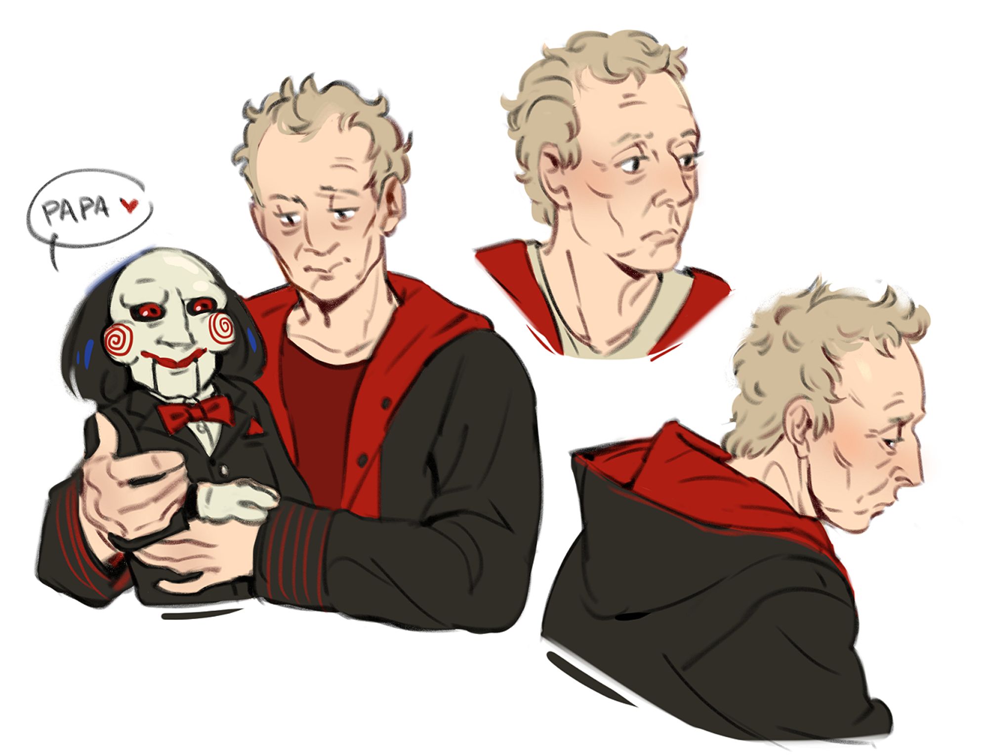 digital drawings of John Kramer from the Saw franchise, on the left he's holding Billy the puppet and smiling, a speech bubble above Billy's head says "PAPA ‪‪❤︎‬"