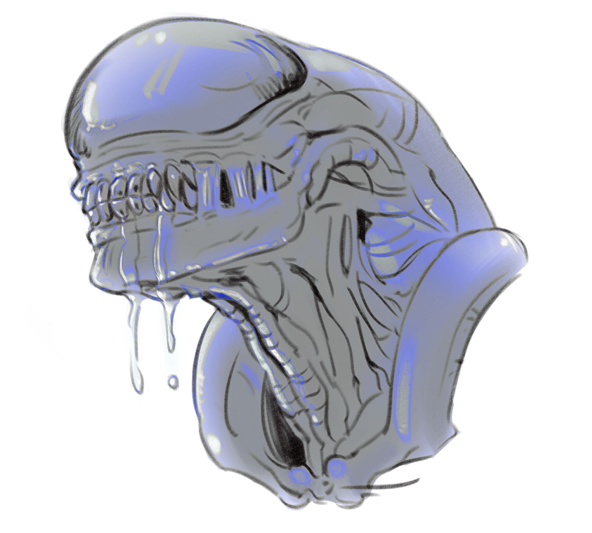 Digital drawing that is a head and partial shoulder bust of a xenomorph from the Alien franchise. This one is light grey on white background with blue light reflecting and a lot of drool coming out of the mouth.