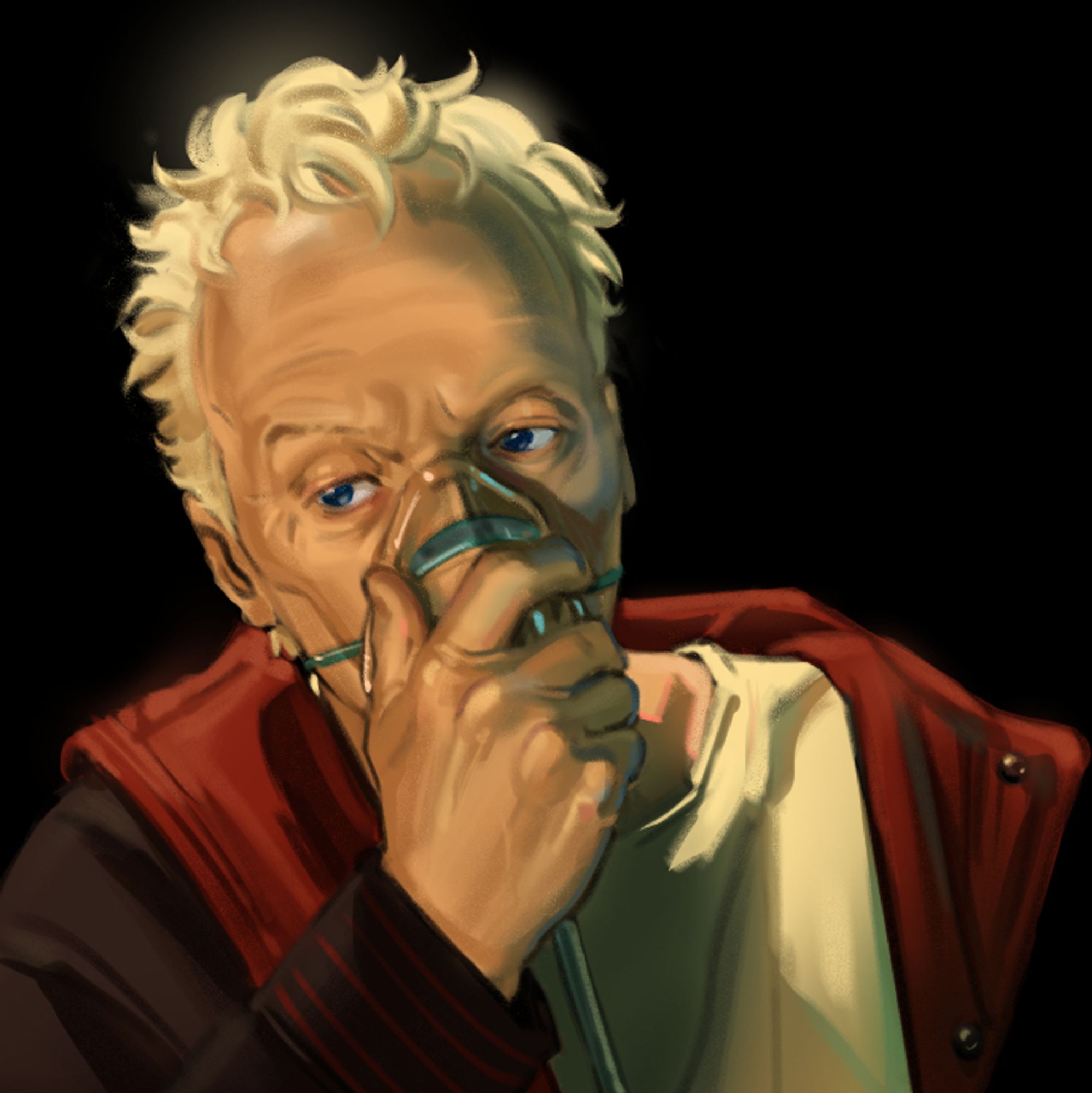 digital study of John Kramer from Saw II on a black background, he's holding an oxygen mask