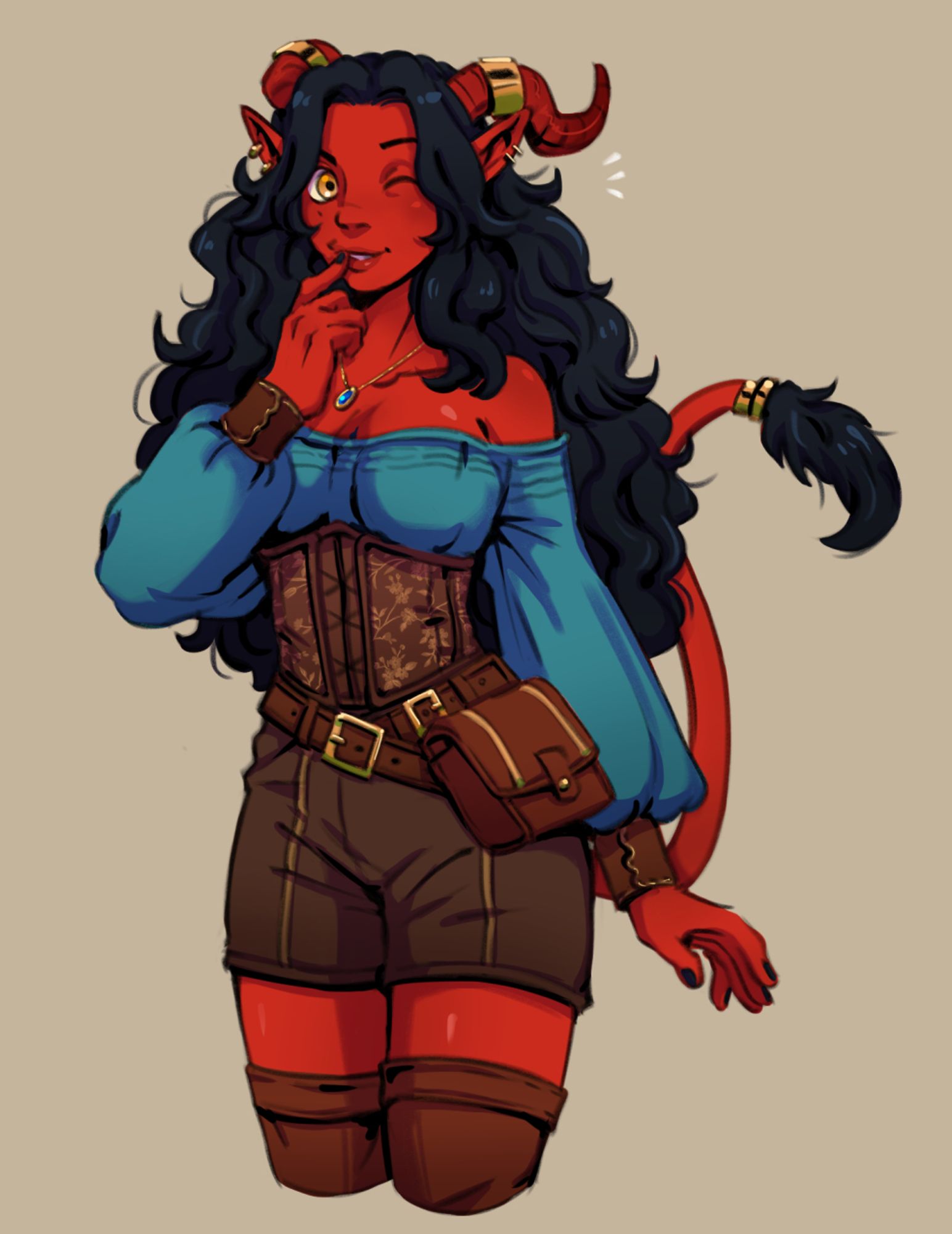 tiefling girl, winks at the viewer