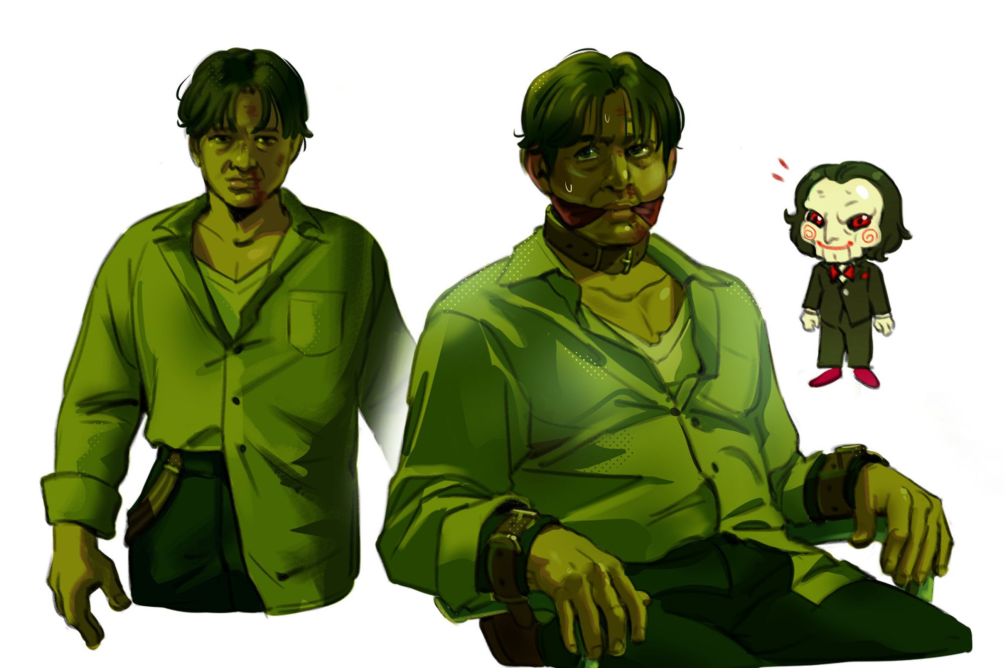 Digital studies of Mark Hoffman from Saw; with a chibi doodle of Billy the puppet on the right