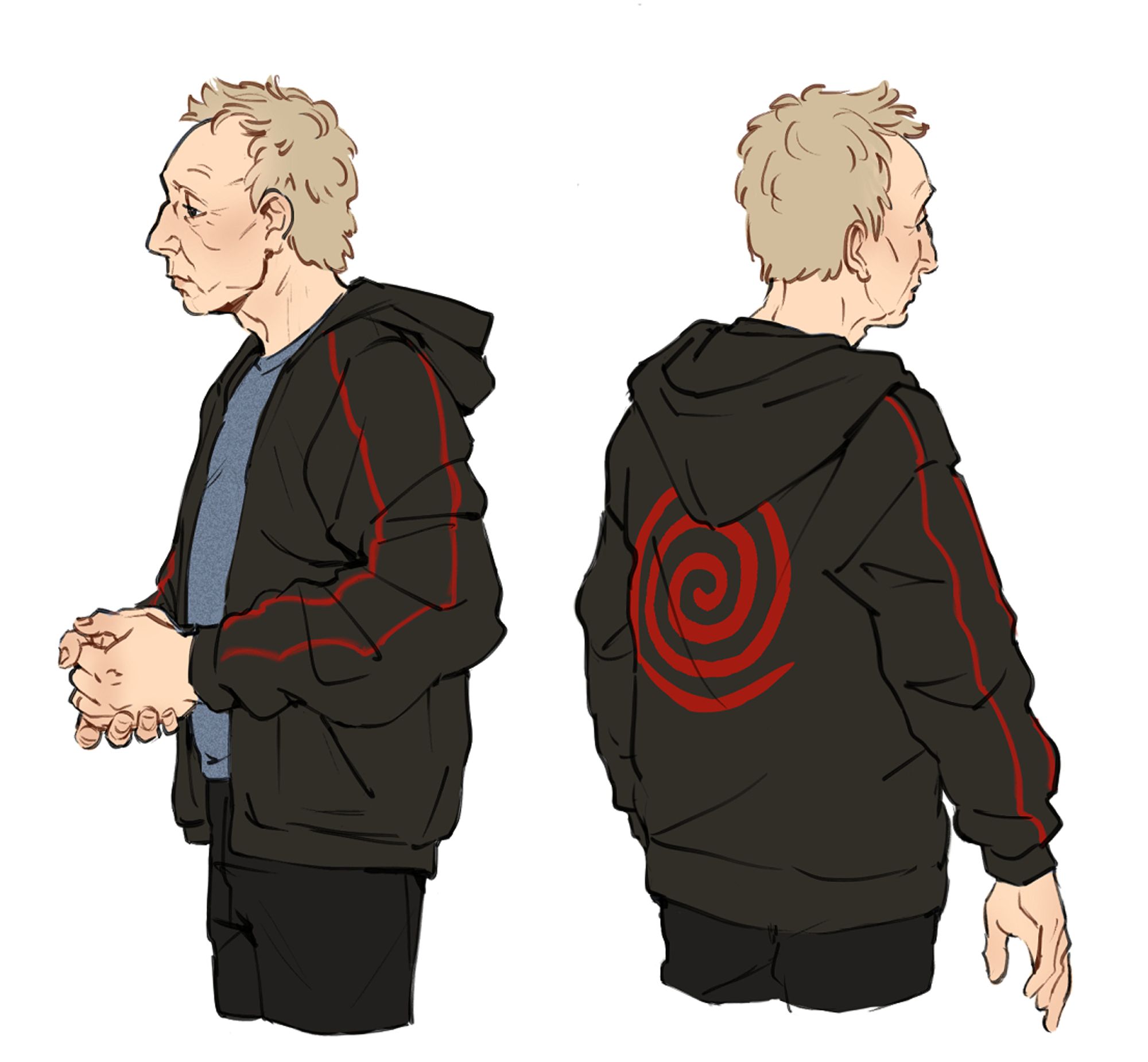 digital drawings of John Kramer from the Saw franchise, he's wearing a black hoodie with red lines, on his back is a red spiral