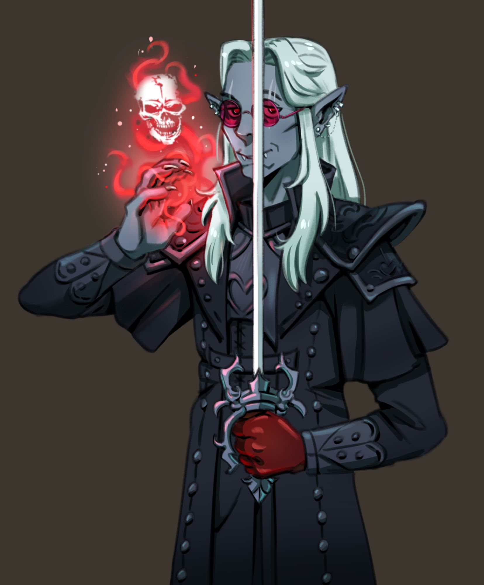 drow elf holding a sword with one hand and a magic spell with the other, he's smirking at the viewer