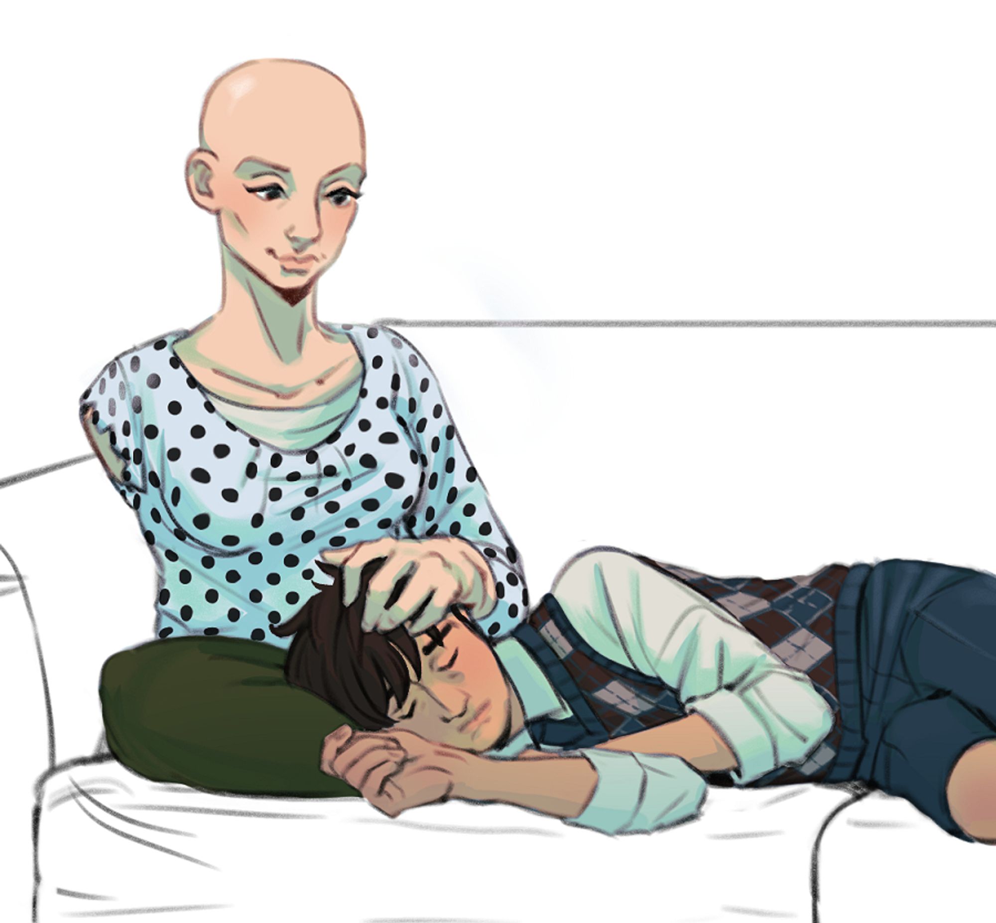 Digital drawing of Five Hargreeves sleeping on a couch with Delores next to him, her hand on his head