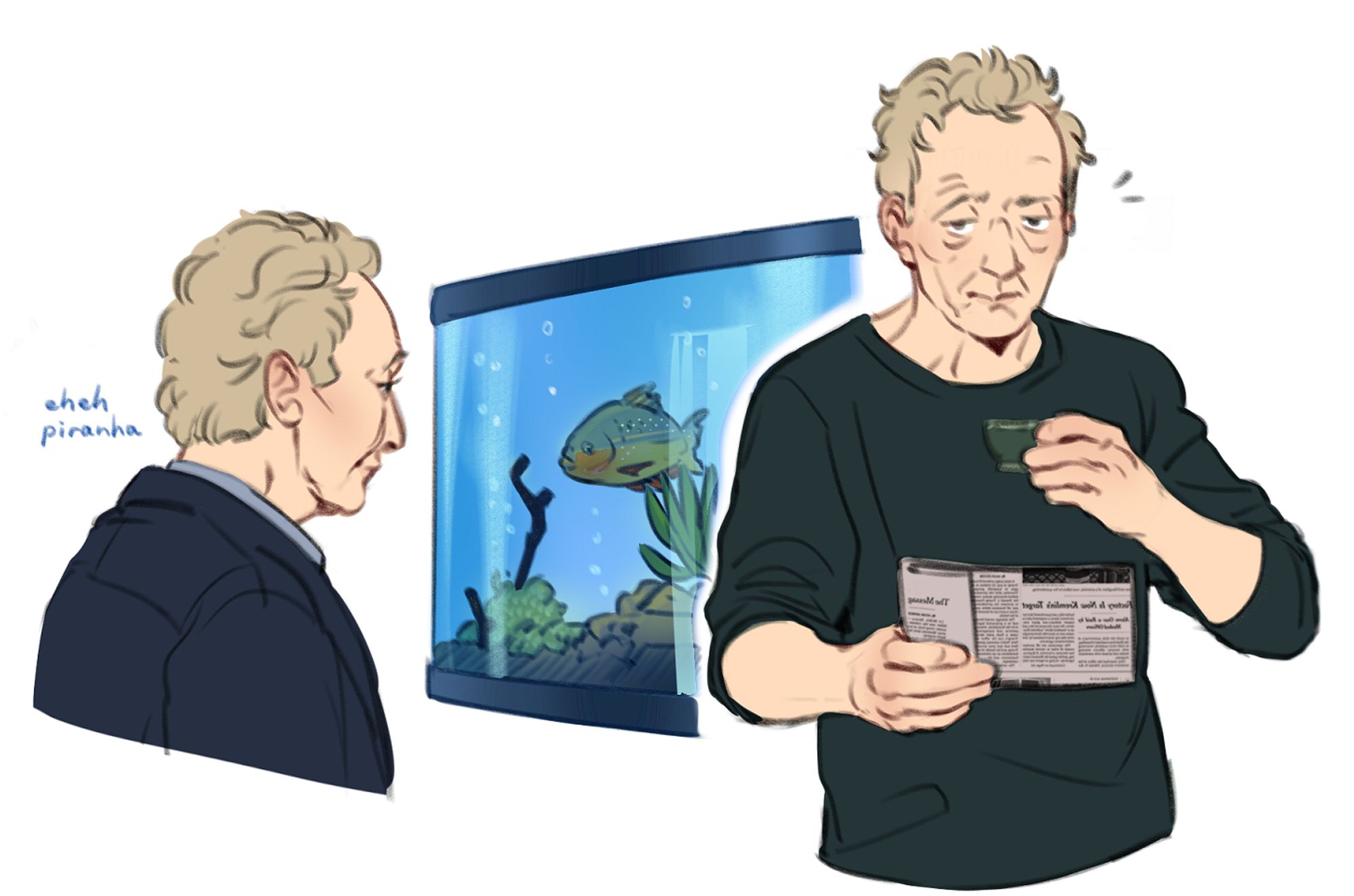 drawings of john kramer from saw, on the left he's looking at a fishtank with a piranha inside with small blue text that says "eheh piranha"; on the right he's holding a newspaper and a small cup of tea