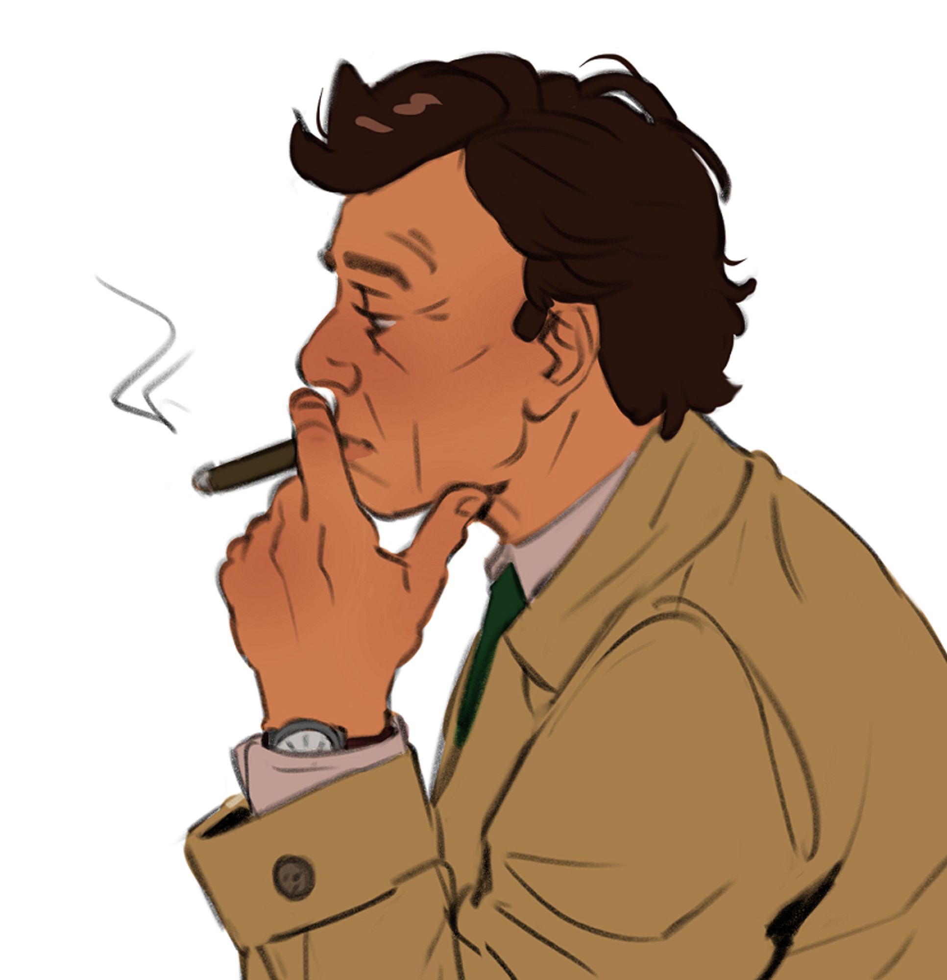 a digital drawing of Columbo from the side view, he's smoking a cigar