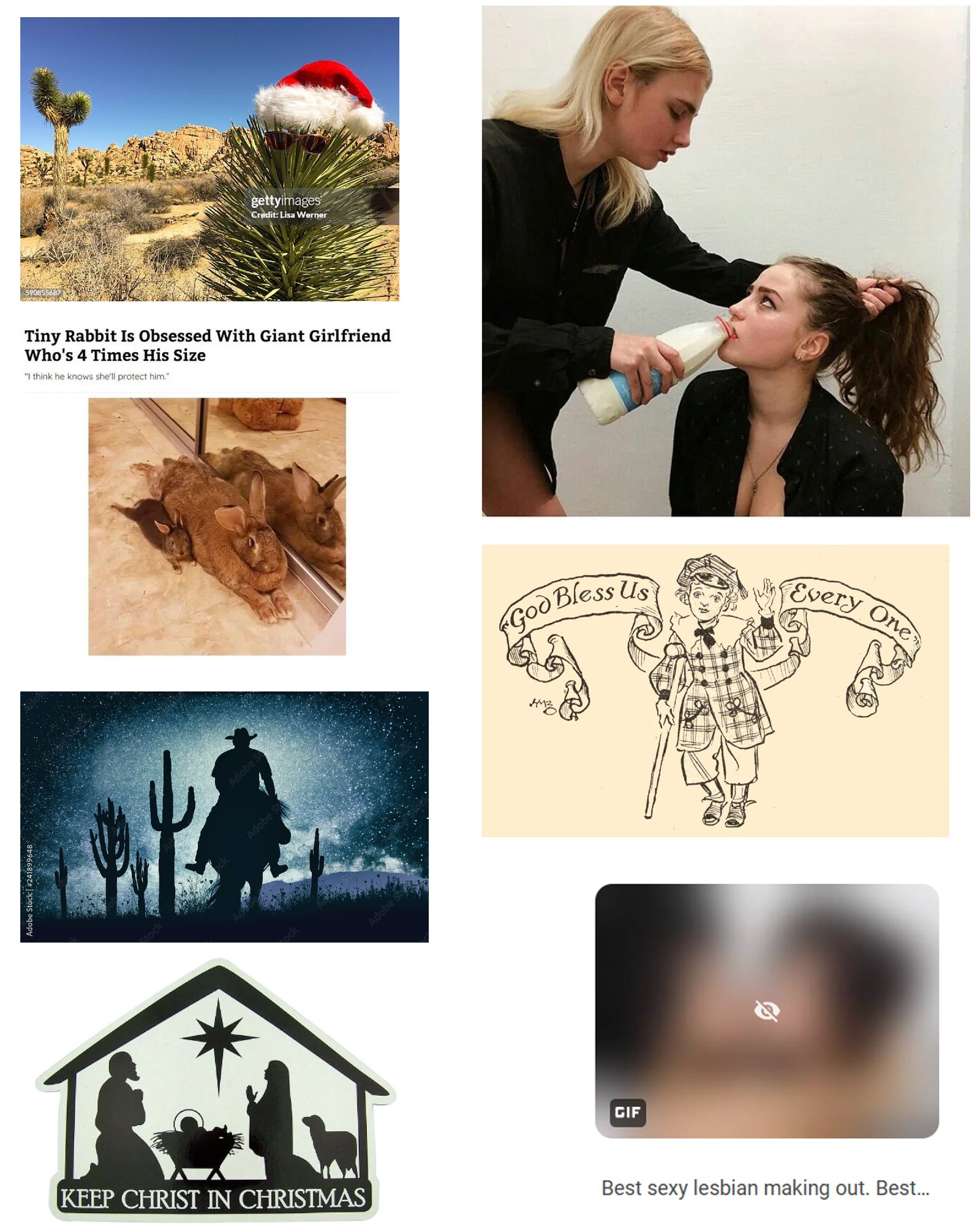 collage of images: desert plant wearing santa hat and glasses, tiny rabbit obsessed w girlfriend 4x his size, that horny pic of a girl forcing another girl to drink milk hornily, night cowboy silhouette (lonely vibes), tiny tim. keep christ in christmas, blurred search result of "best sexy lesbian making out".