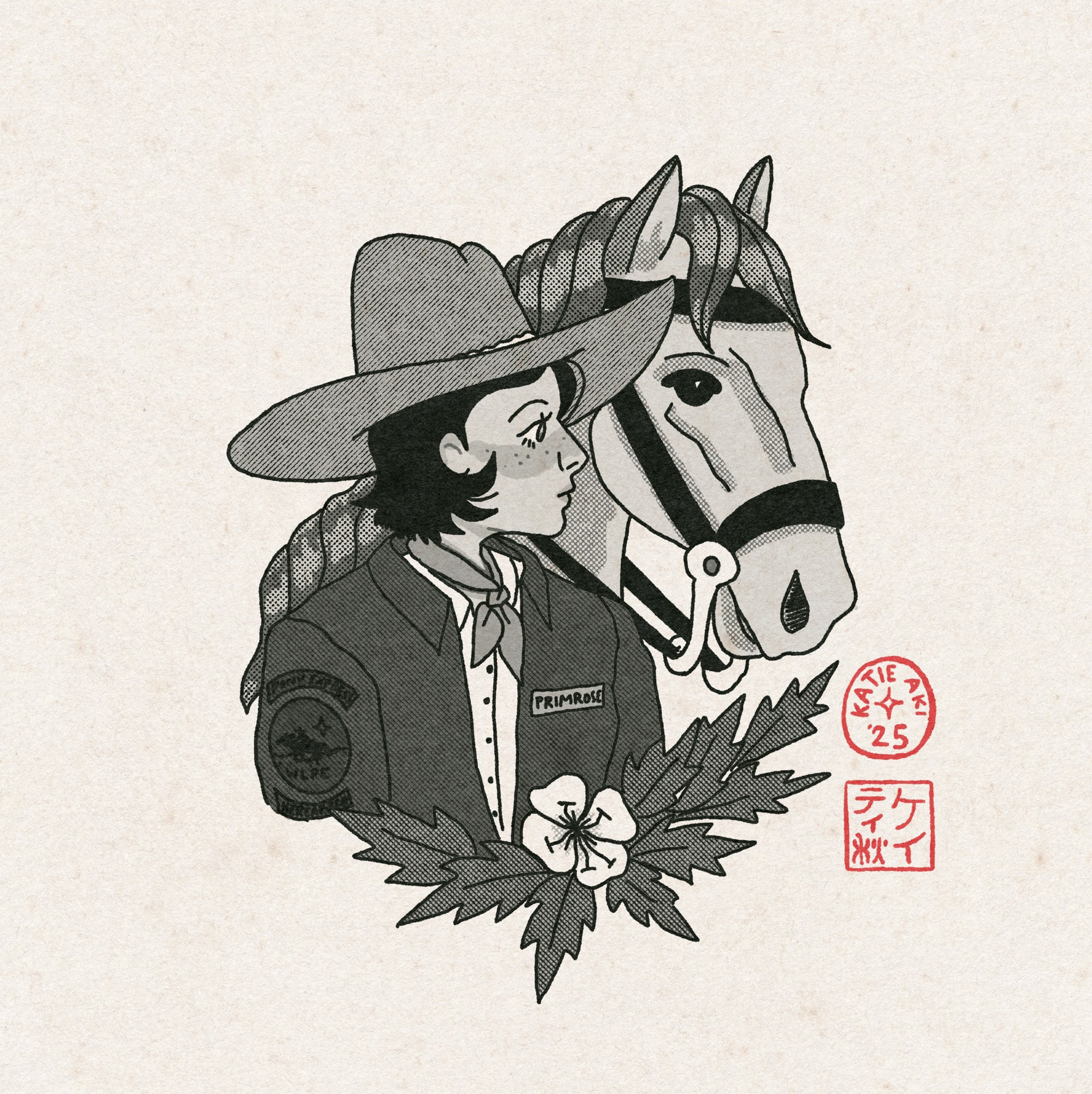 a traditional tattoo-inspired digital black and white bust drawing of Lou, a cowgirl with a black bob, standing in front of a horse.