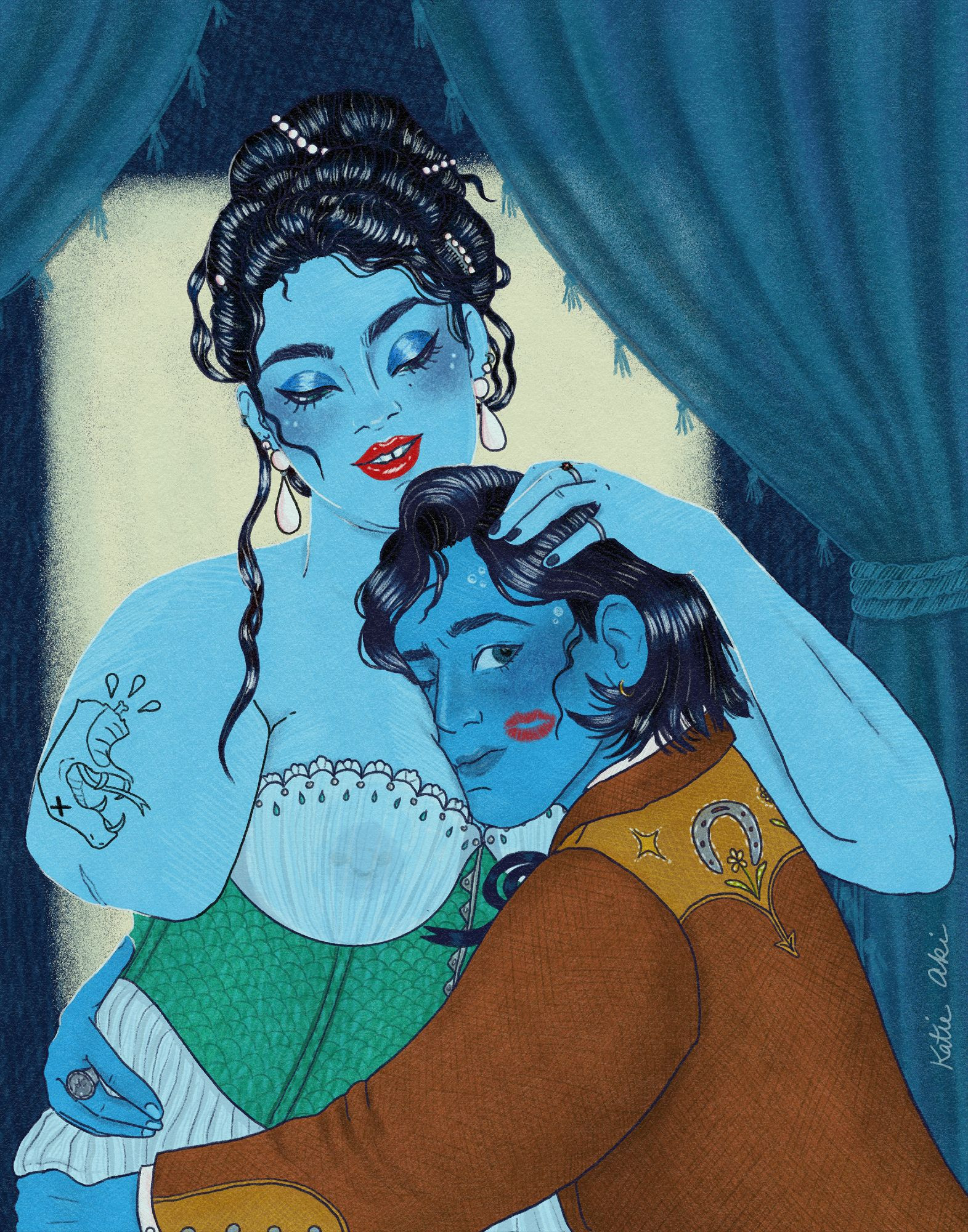 Venus, a tall, fat, buxom saloon girl with one arm and gap teeth, holding Lou, a short tomboy in a burnt orange western suit, to her breast. Venus looks quietly pleased. Lou looks extremely nervous.