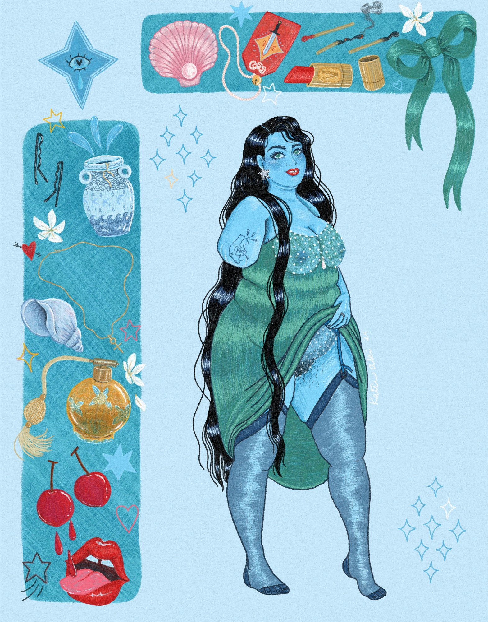 Venus, in a selectively sheer dress, surrounded by personal iconography (lipstick, sea imagery, the omamori she got made for Lou, etc).