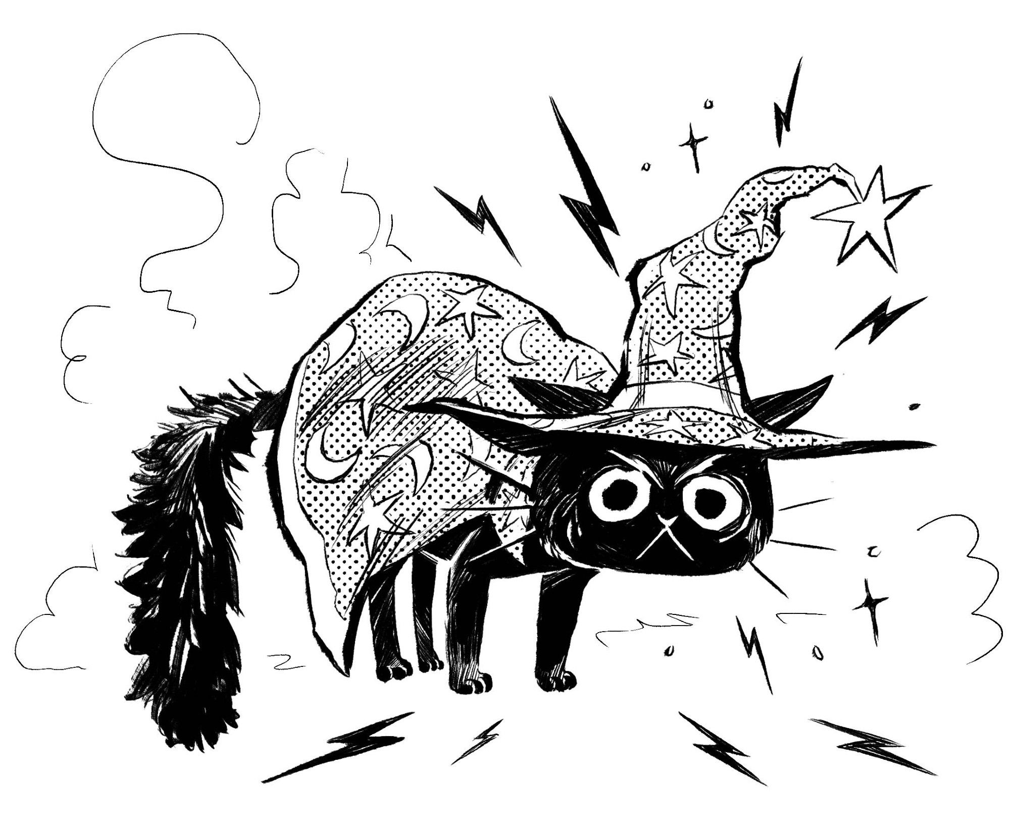 Black and white illustration of a little black cat in a wizard robe and hat. Its tail is puffed up, its back is arched, and it has an angry expression