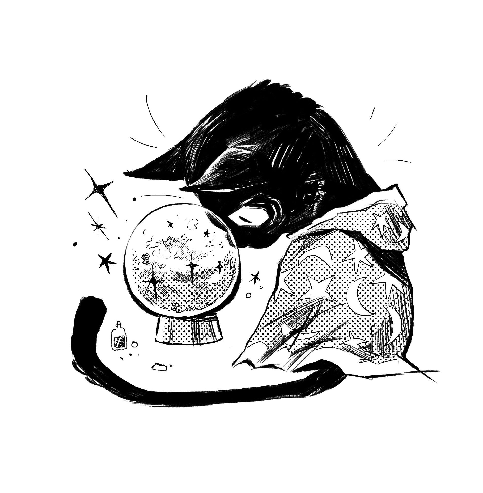 Black and white illustration of a black cat in a wizard’s cape staring very closely into a crystal ball