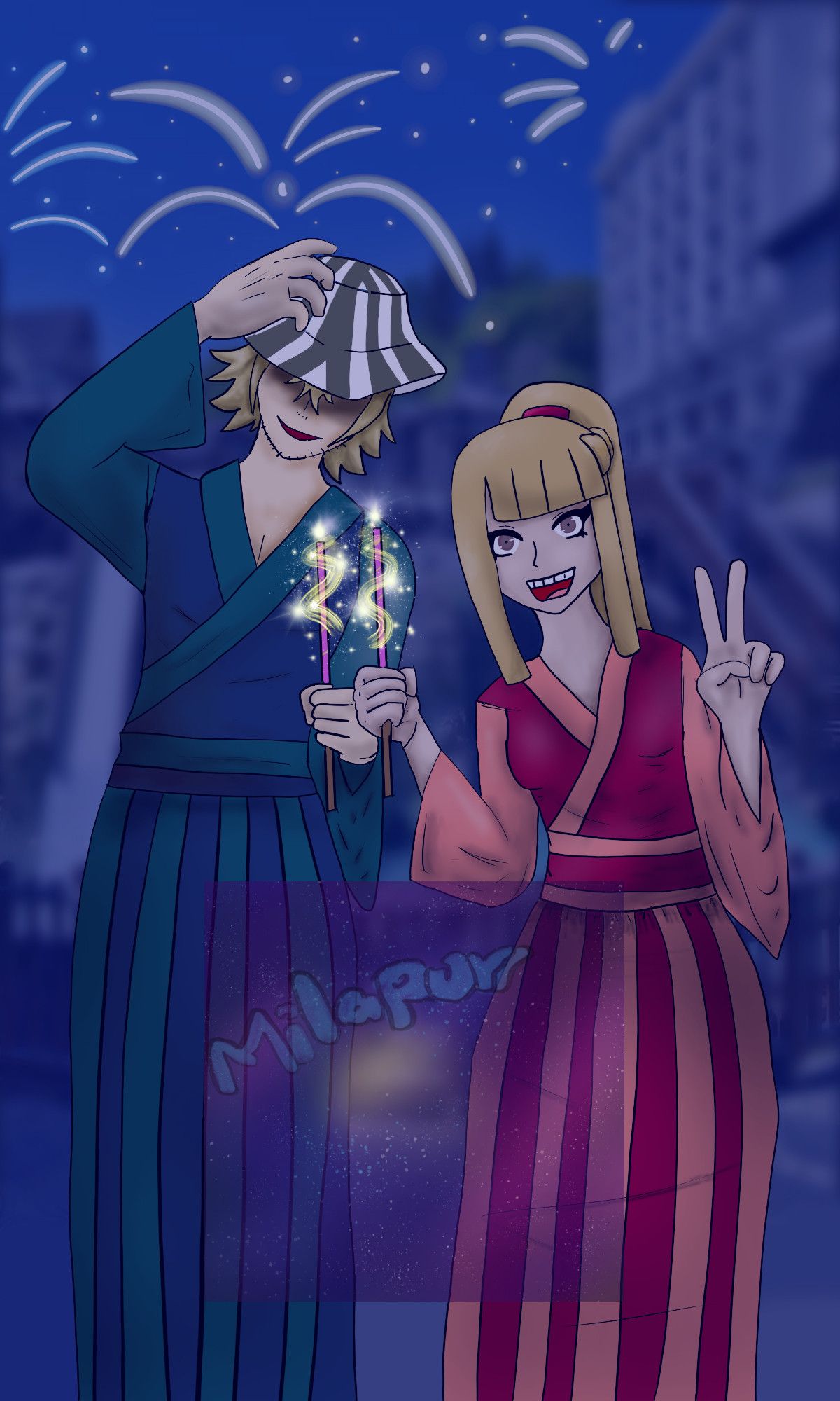 Kisuke Urahara from the hit anime series Bleach and an OC named Ayame Hirako celebrating New Years.