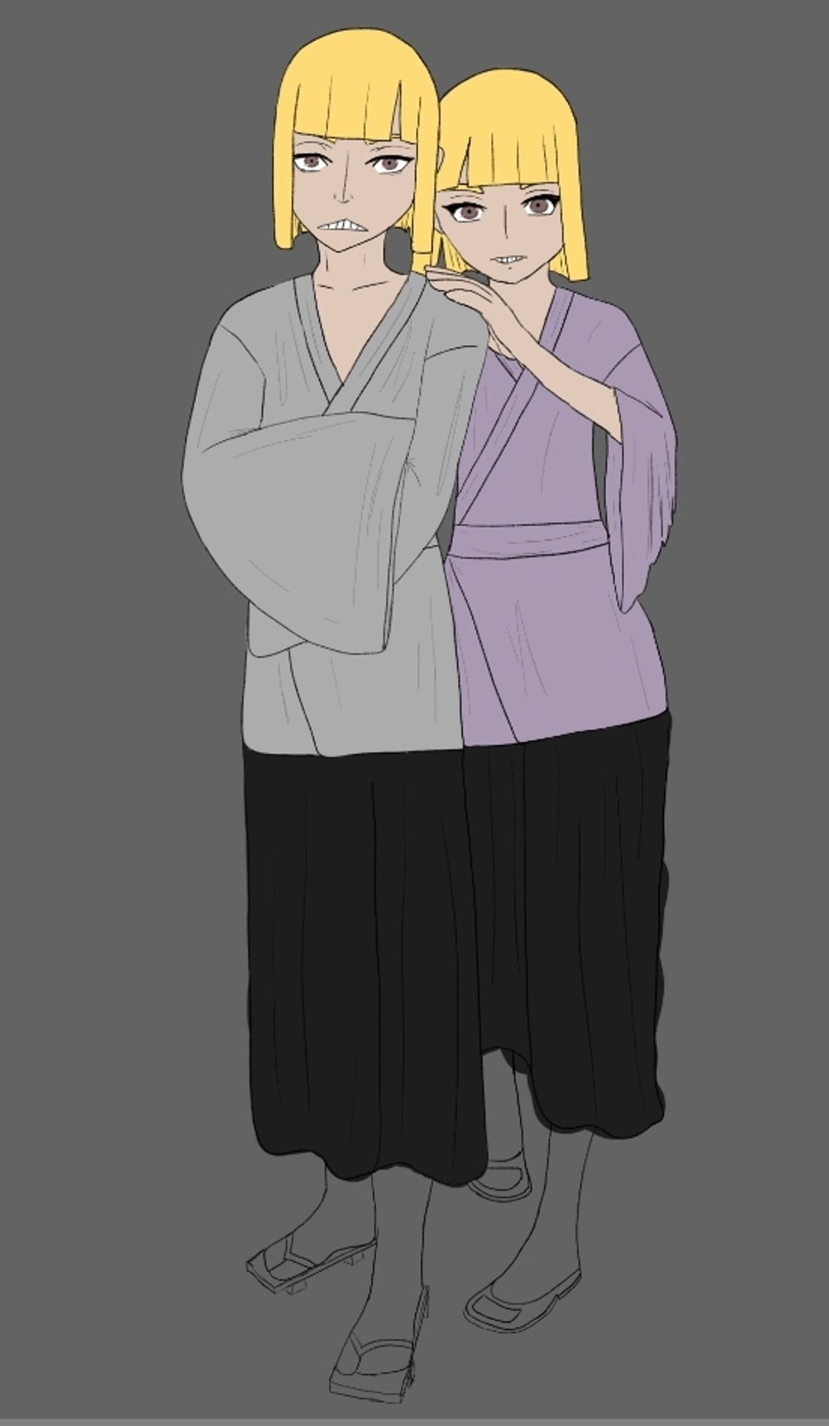 Half finished artwork of a pair of blonde twins, one is shinji from bleach and the other is his sibling. Both are in festival attire. One wearing grey and the other in purple.