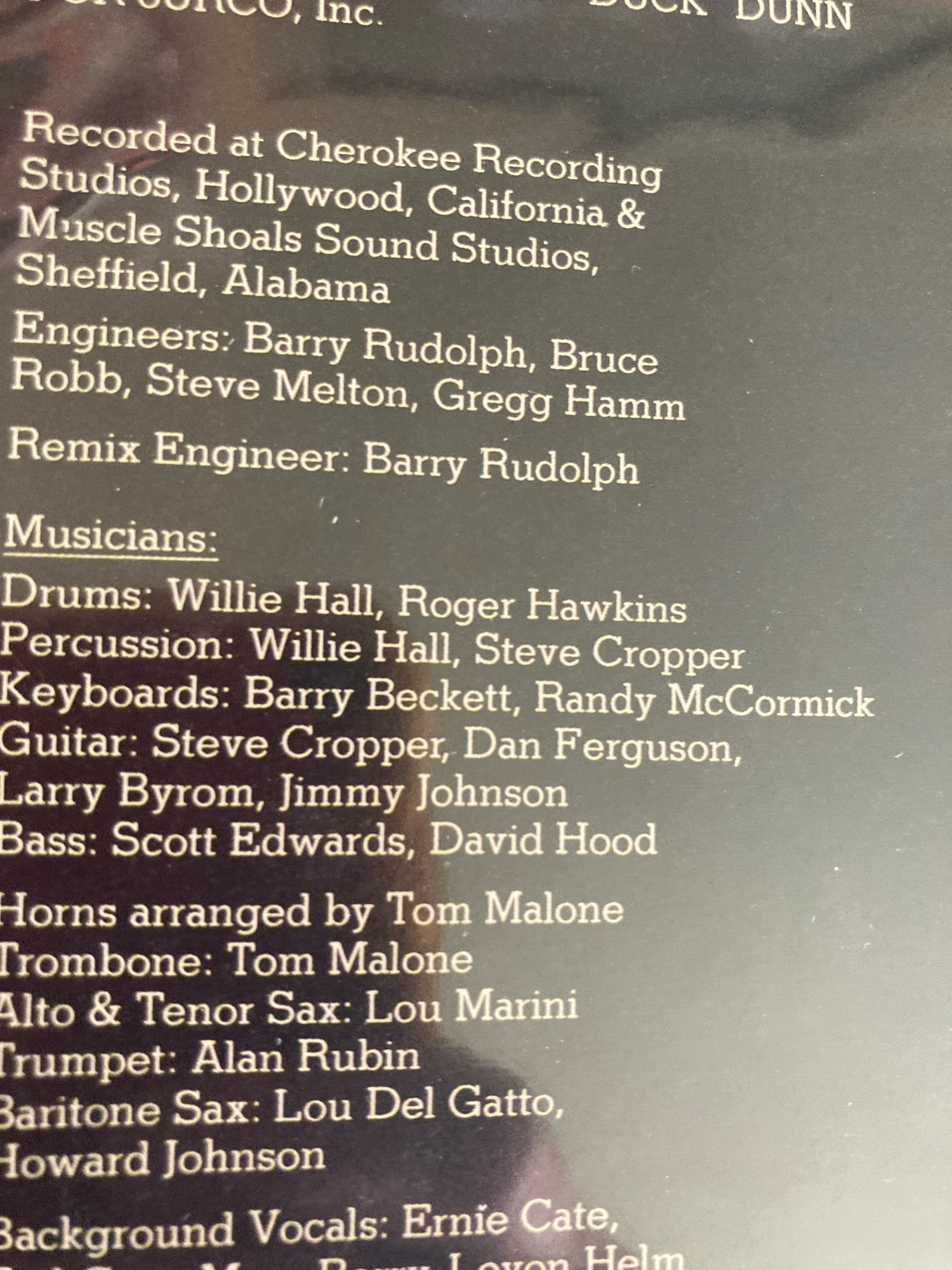 Liner notes from “Levon Helm” with Steve Cropper as a featured guitarist.
Also members of the Muscle Dholals Rhythm section 