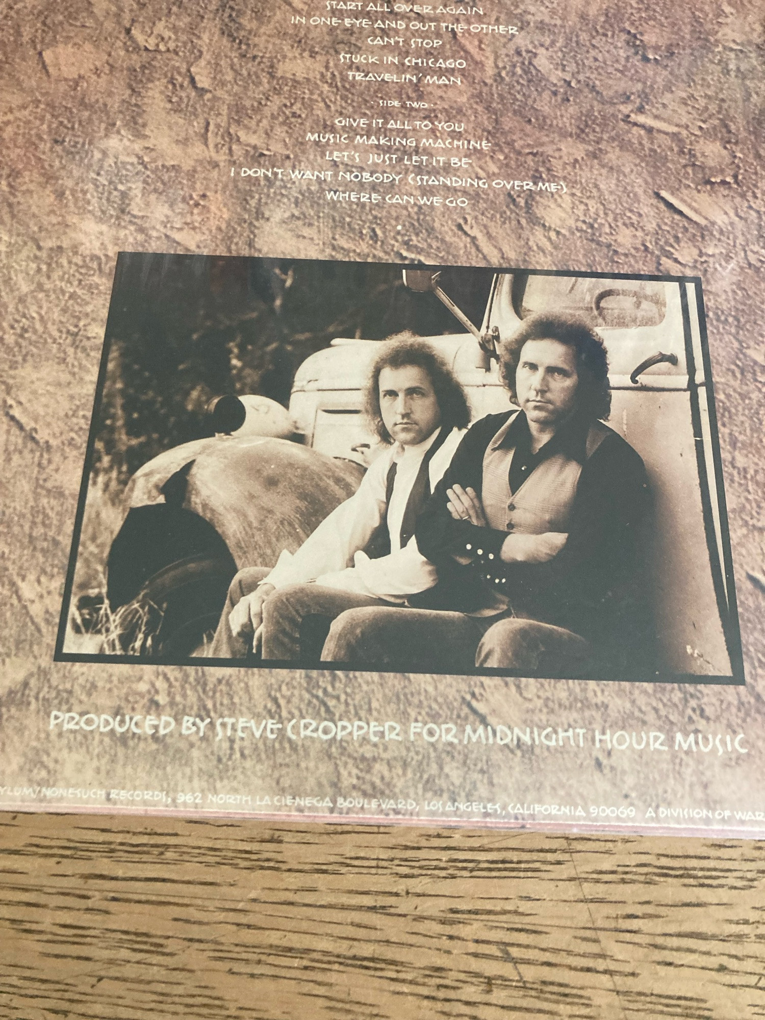 Cate Brothers, back of album cover.
“Produced by Steve Cropper for Midnight Hour Music.”
There’s a photo of the 2 brothers (twins) sitting on the running board of a 1930s/40s truck.
And a track listing