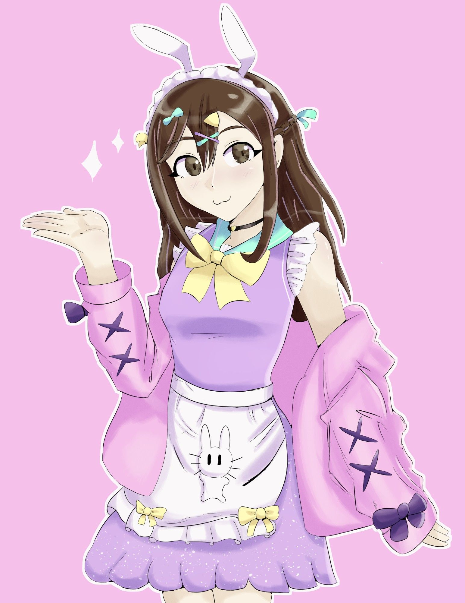 Digital artwork of VTuber HikaBunny who has brown hair and brown eyes, she's wearing a pastel maid costume, a blue shirt, blue skirt, a white apron and a pink hoodie, with a yellow ribbon over her chest. She's also wearing a white maid headband and white bunny ears. She's smiling.