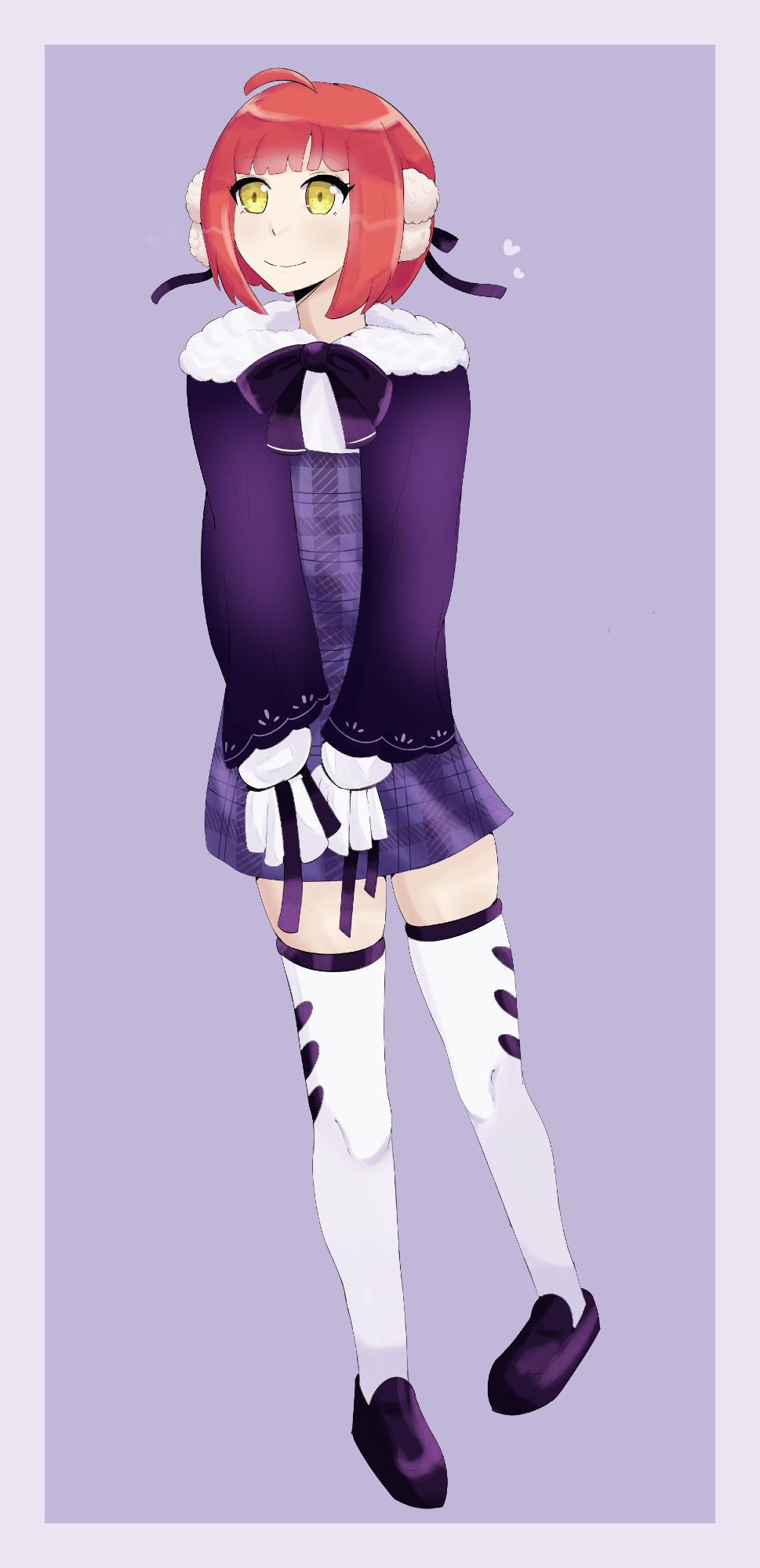 Digital artwork of Red Ayu, a girl with red short hair and yellow eyes, she's wearing a purple dress with a puffy dark blue coat on top of it, she's also wearing white socks, dark blue loafers and a dark blue ribbon on her chest. She's smiling.