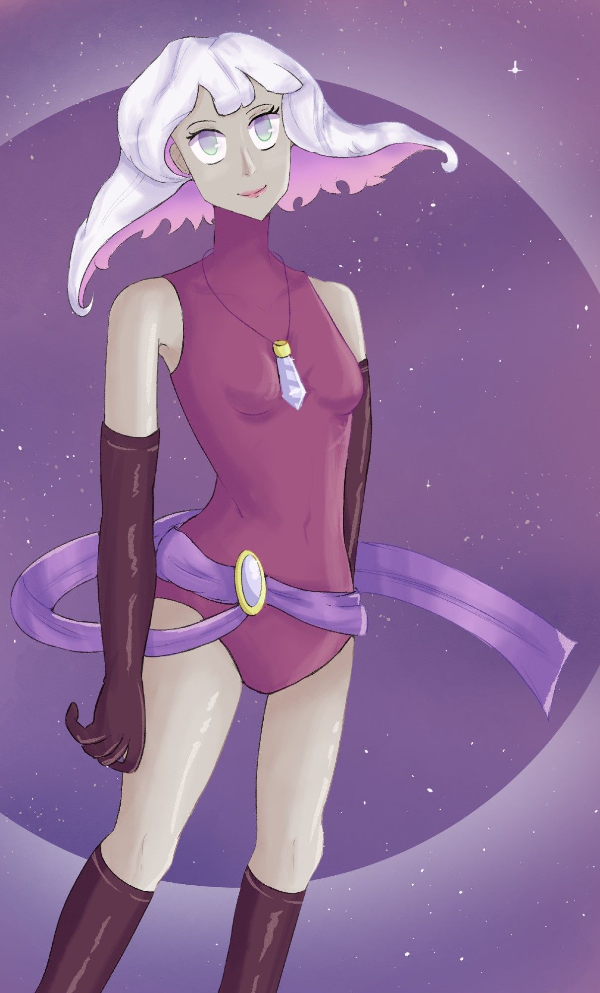 Digital artwork of a woman with white hair, pale gray skin, and blue and green eyes. She's wearing a sleeve less magenta suit, black gloves, black boots and a purple lace around her waist, she's also wearing a blue crystal necklace. She's smiling, her underhair has a purple and pink color. The background is a purple space with some starts on it.