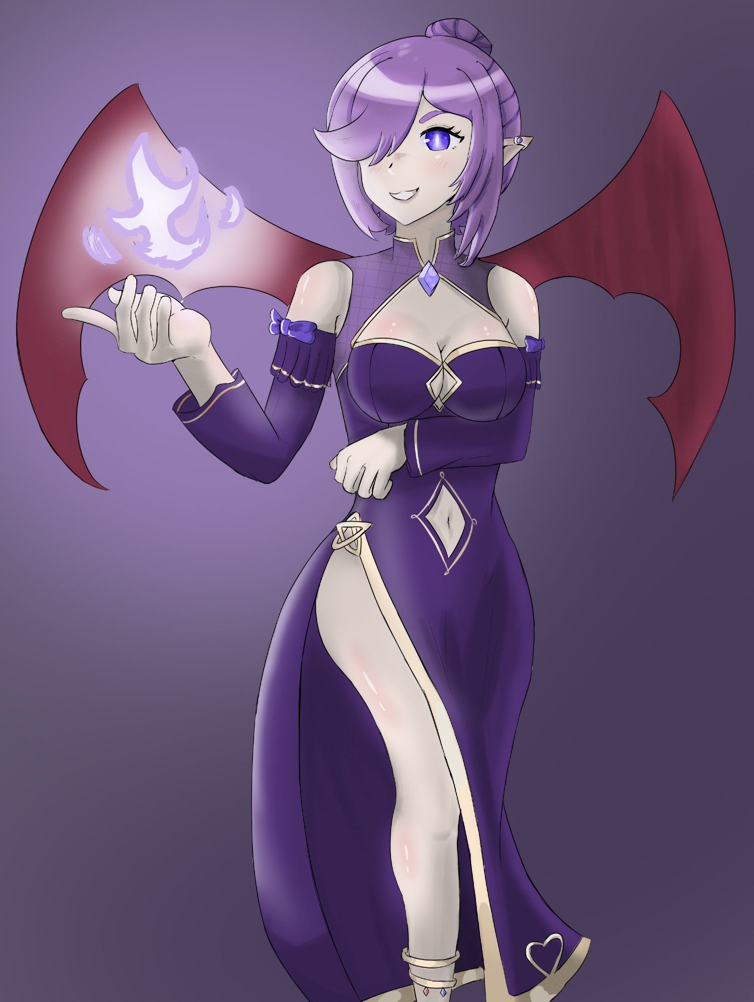 Digital artwork of a woman with purple hair that's covering her right eye, her left eye is a bright blue. She's wearing a dark blue dress with detached sleeves and an opening on the side, so her right leg is entirely visible. She's extending her right hand summoning a blue flame with it while making a slight smile. She also has pointy ears and red reddish-brown wings growing form her back.