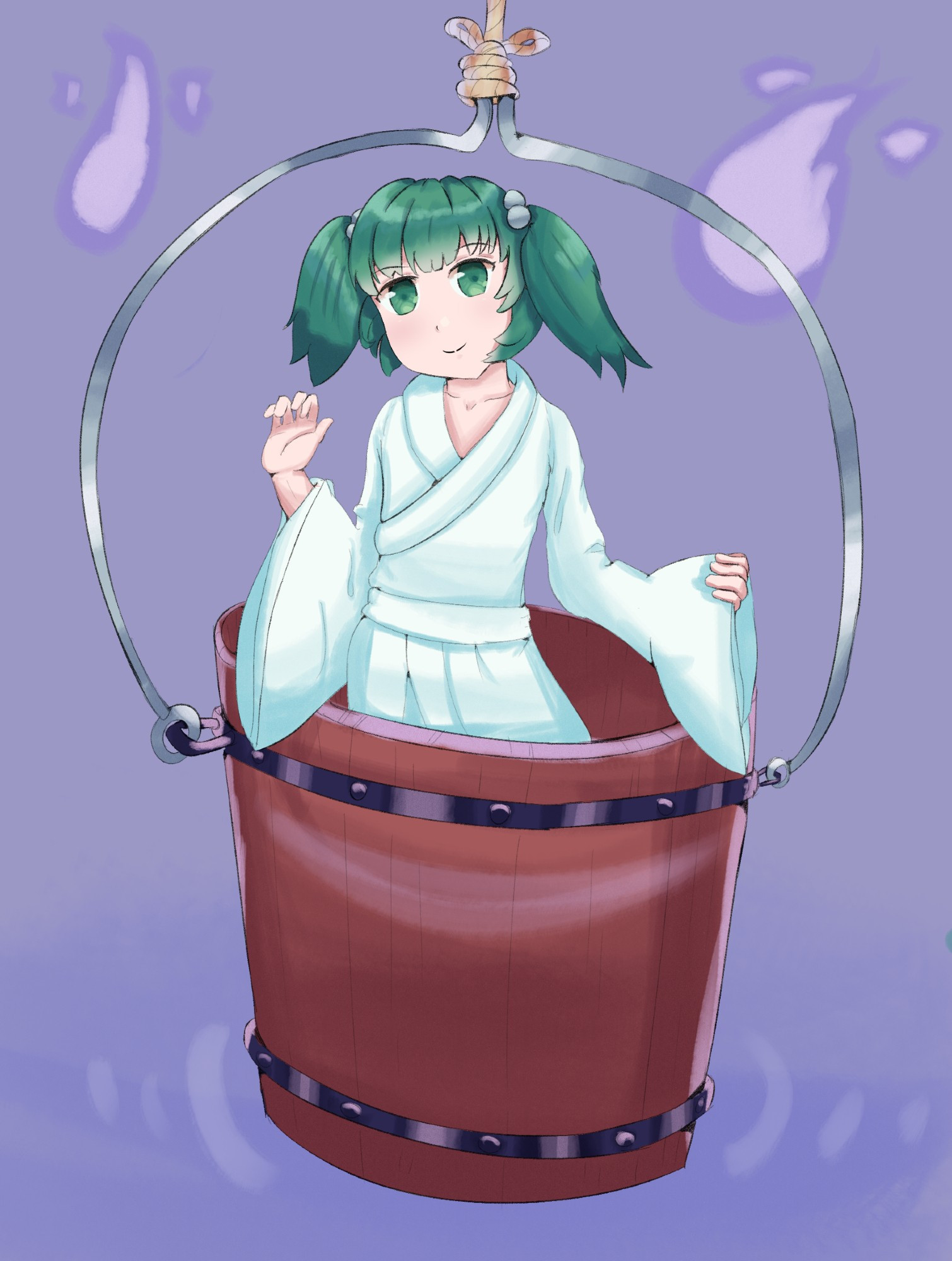 Digital artwork of Kisume from Touhou Project, she's wearing her white robe while standing on her bucket. There are a couple of will o wisps on the background, Kisume is smiling.