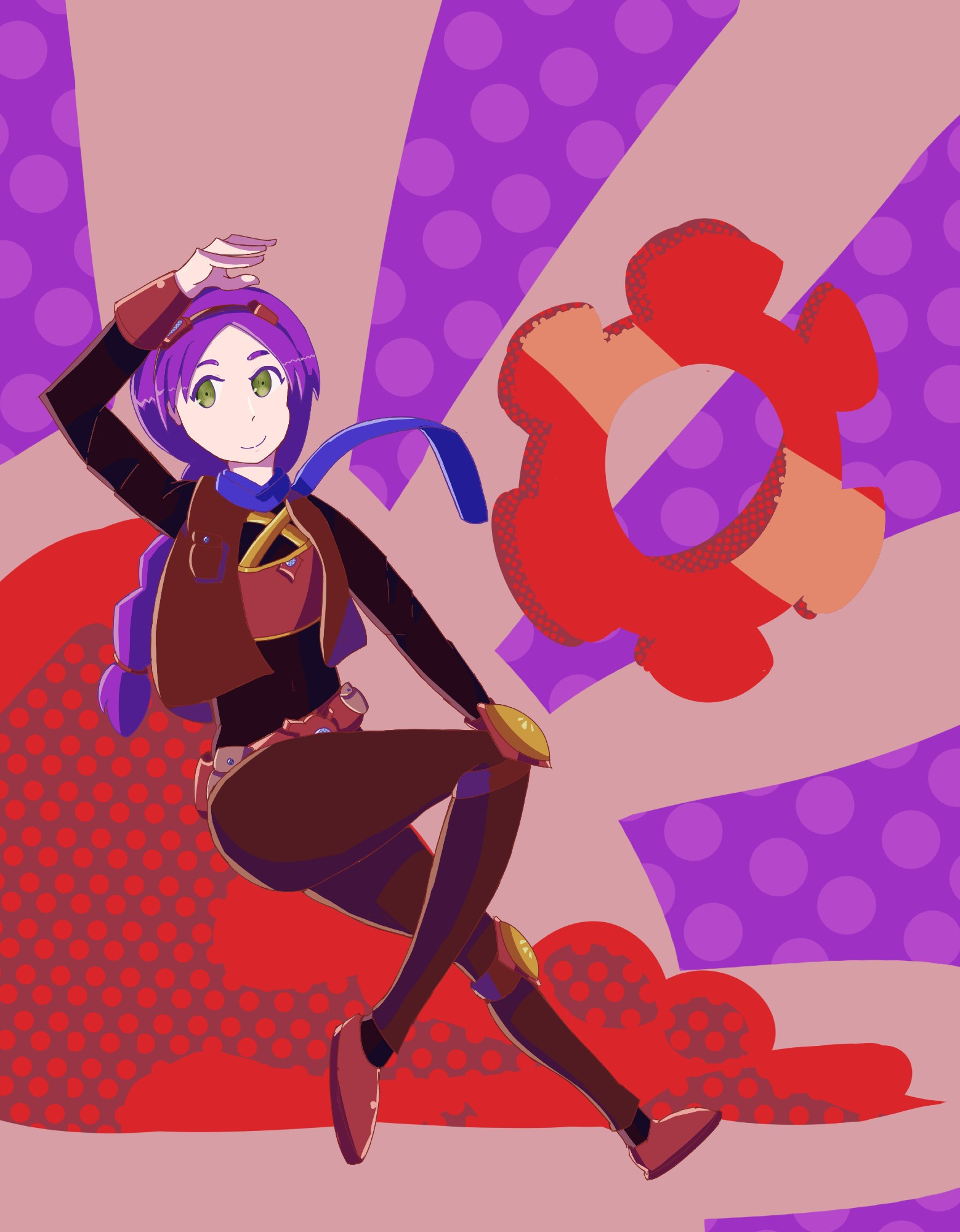 Digital artwork of original character Olive CopperHeart, she's a purple haired girl with green eyes, She's wearing a chestplate and a belt on top of some drak clothes. She's making a pose holding her right hand over her head while smiling and looking to her right. The colors of the image are saturated.