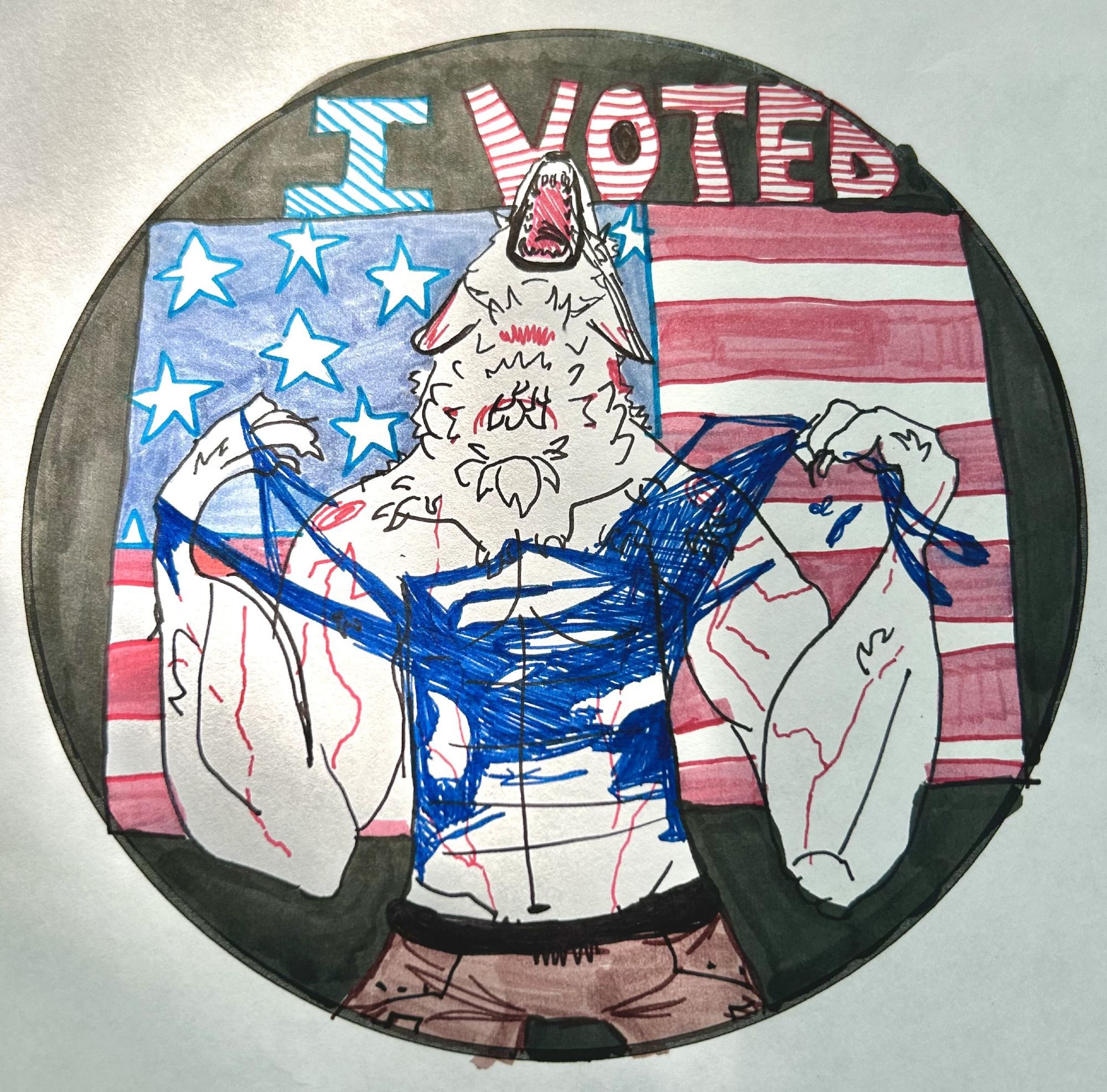 "I Voted" sticker featuring a buff werewolf ripping off his shirt in...victory? Rage? Who knows; this sticker kicks ass, though.