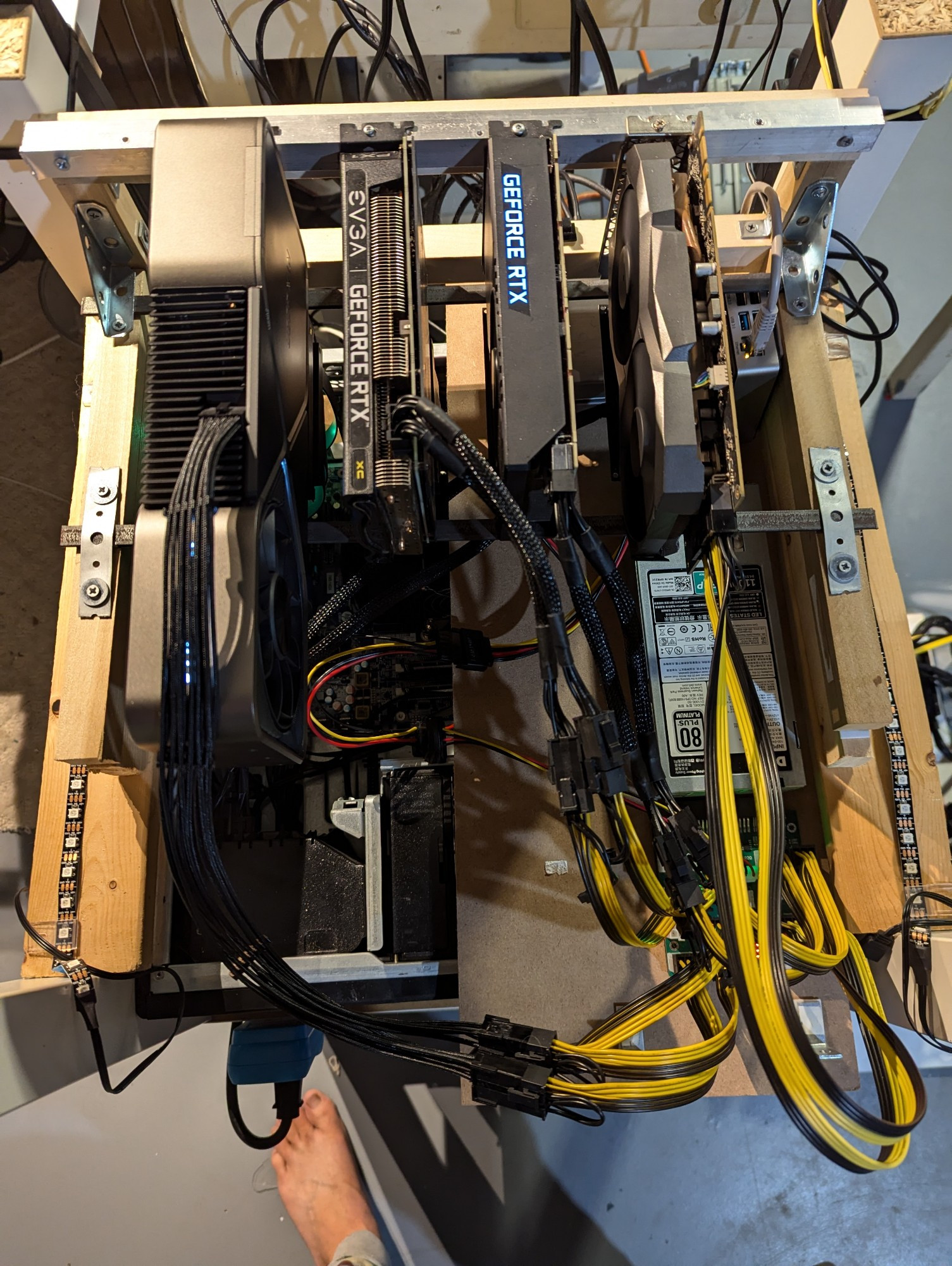 top view of quad GPU rig with lots of power wires