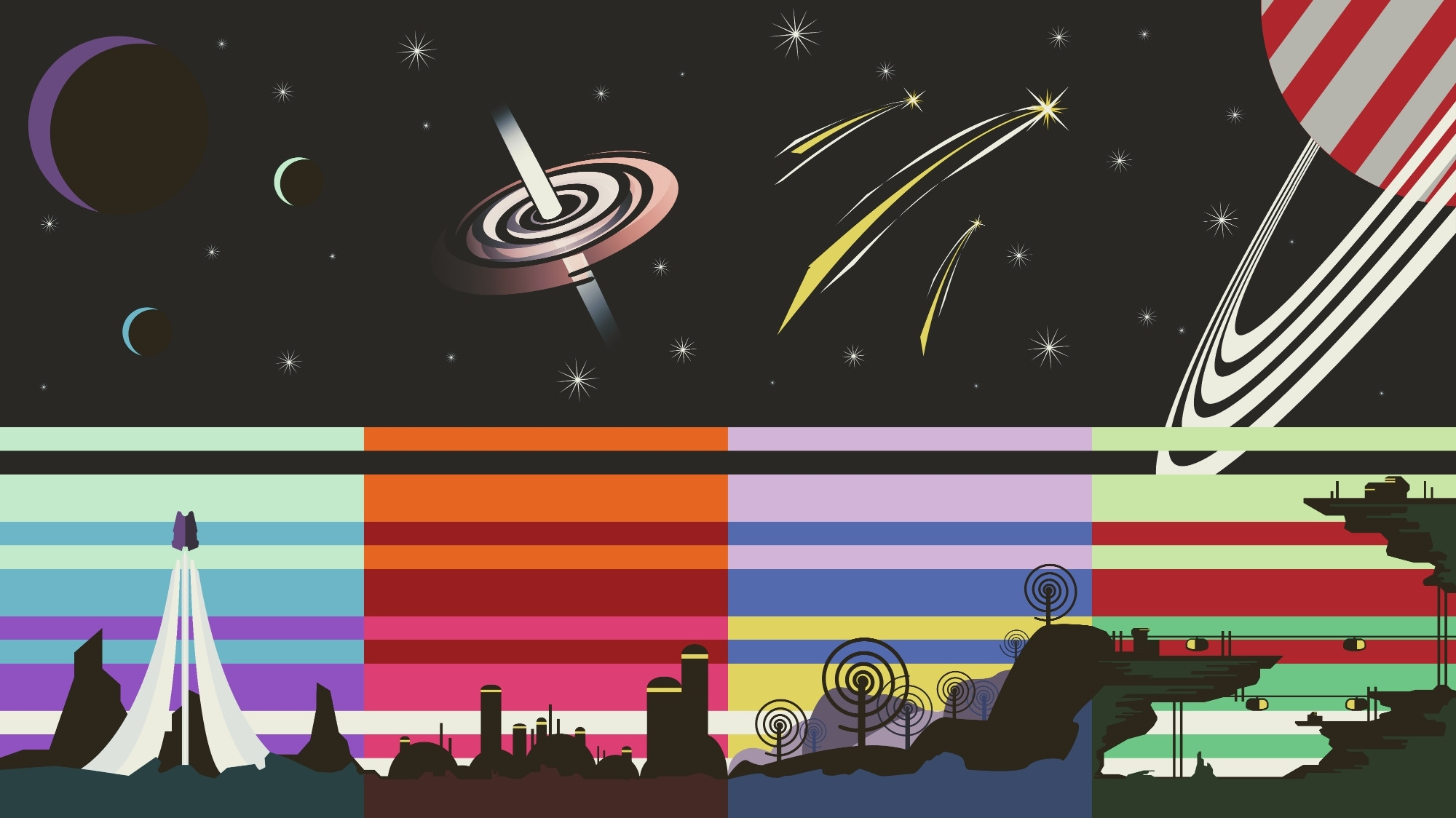 Vector art image in the style of simple vibrant tourism posters, each quarter of the image is its own distinct vignette. From left to right: a spaceship taking off vertically from mountains with 3 silhouetted planets above, a space colony with a pulsar in the sky, rolling hills covered in spiral alien trees with shooting stars above, trams crossing between buildings on cliffs with the rings of a gas giant covering the sky.