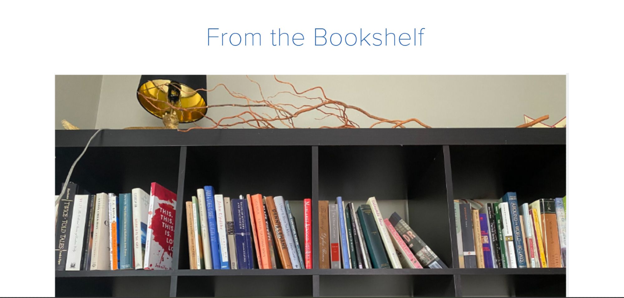 A bookshelf lined with books. A lamp is on the top.