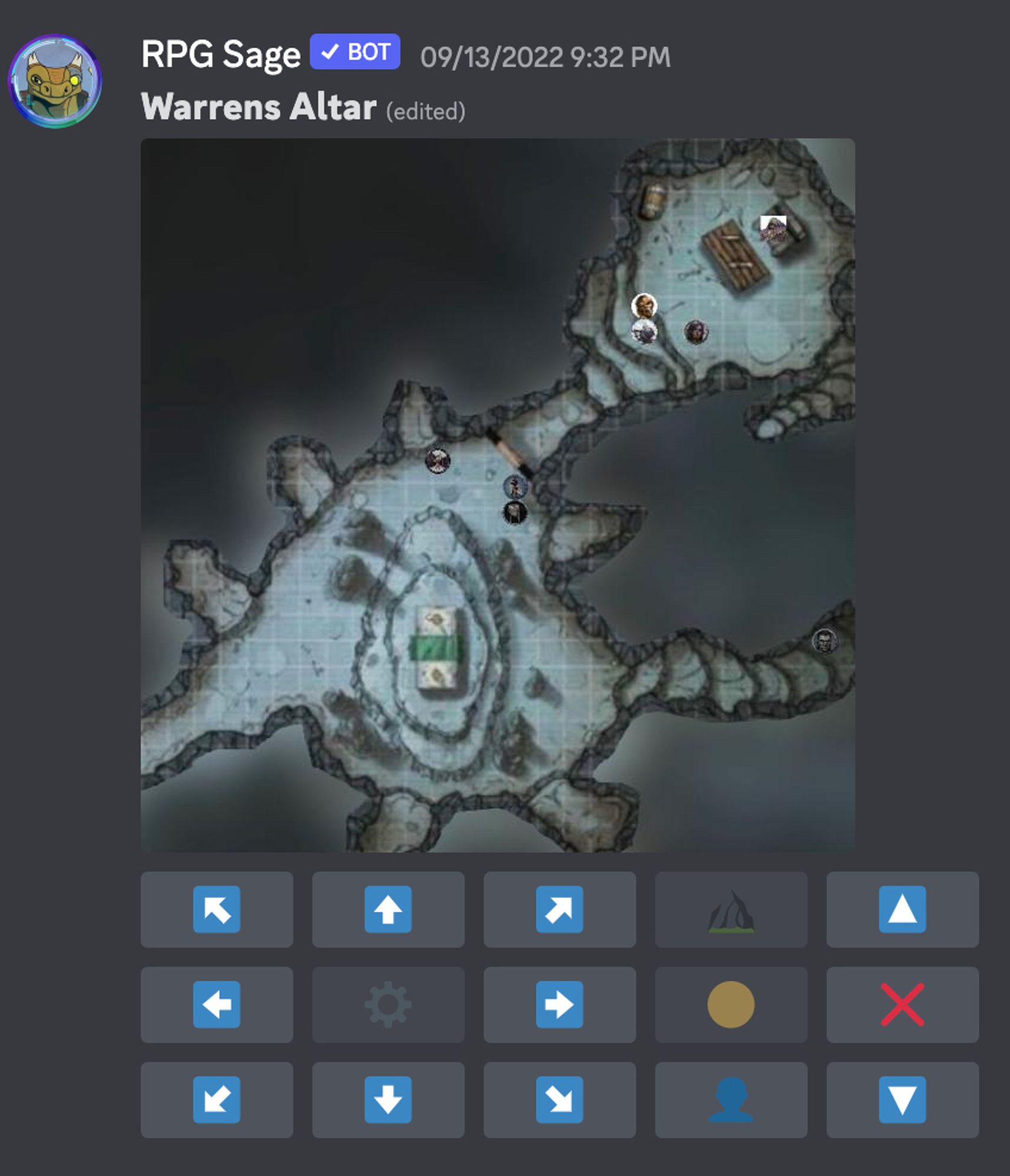 A Screencap from Discord showing RPG Sage displaying a dungeon map with buttons for moving a token.