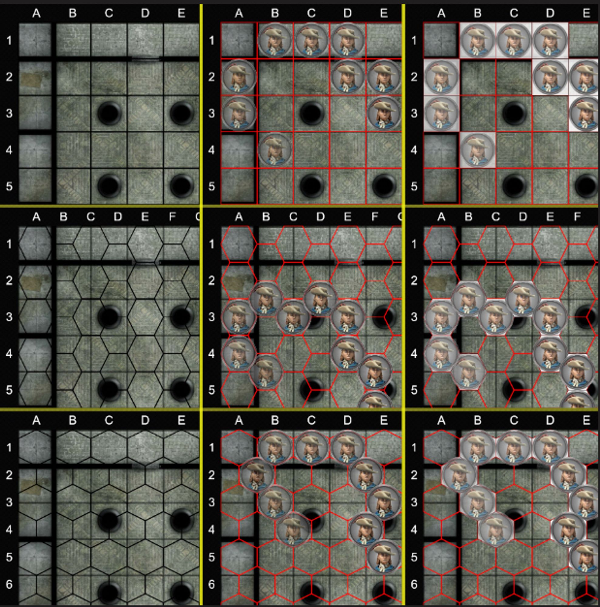 Screencap of test map renderings from RPG Sage. A 5 by 5 test map is rendered 9 times in a 3 by 3 grid. The top row is square tiles, the middle is flat / horizontal hex tiles, the bottom is pointy / vertical hex tiles. The left column has to tokens, the middle has a token's movement path, the right shows the same path but with some shading underneath the token to make it more visible.