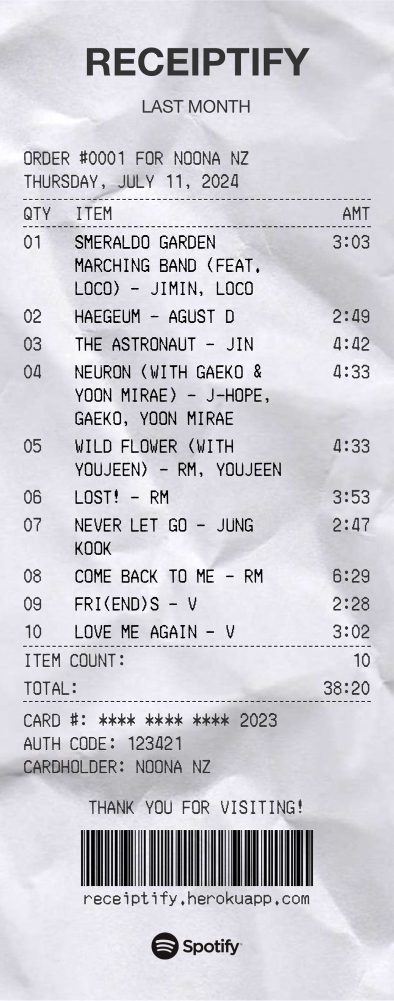 Receipt showing my top tracks in Spotify for June