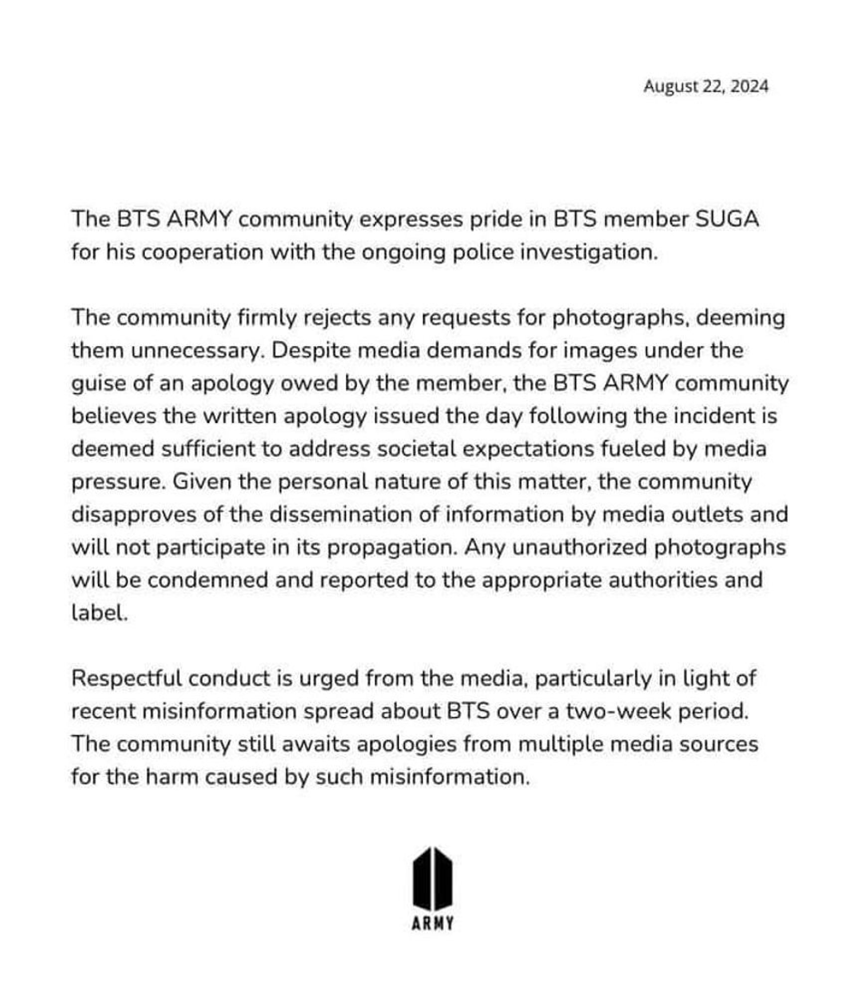 BTS ARMY statement of support for member Suga as he faces unjust criticism from local media