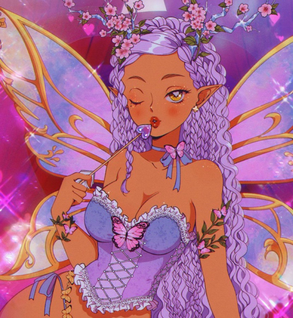 Artwork of Celestheia, an Earth and Aether creator with a Fae coded aesthetic. She has flowering crystal branches for horns, long lilac goddess braids and wings the color of Dawn. The theme of the artwork is Cupid/Valentines Day. Artwork by @inthestardust