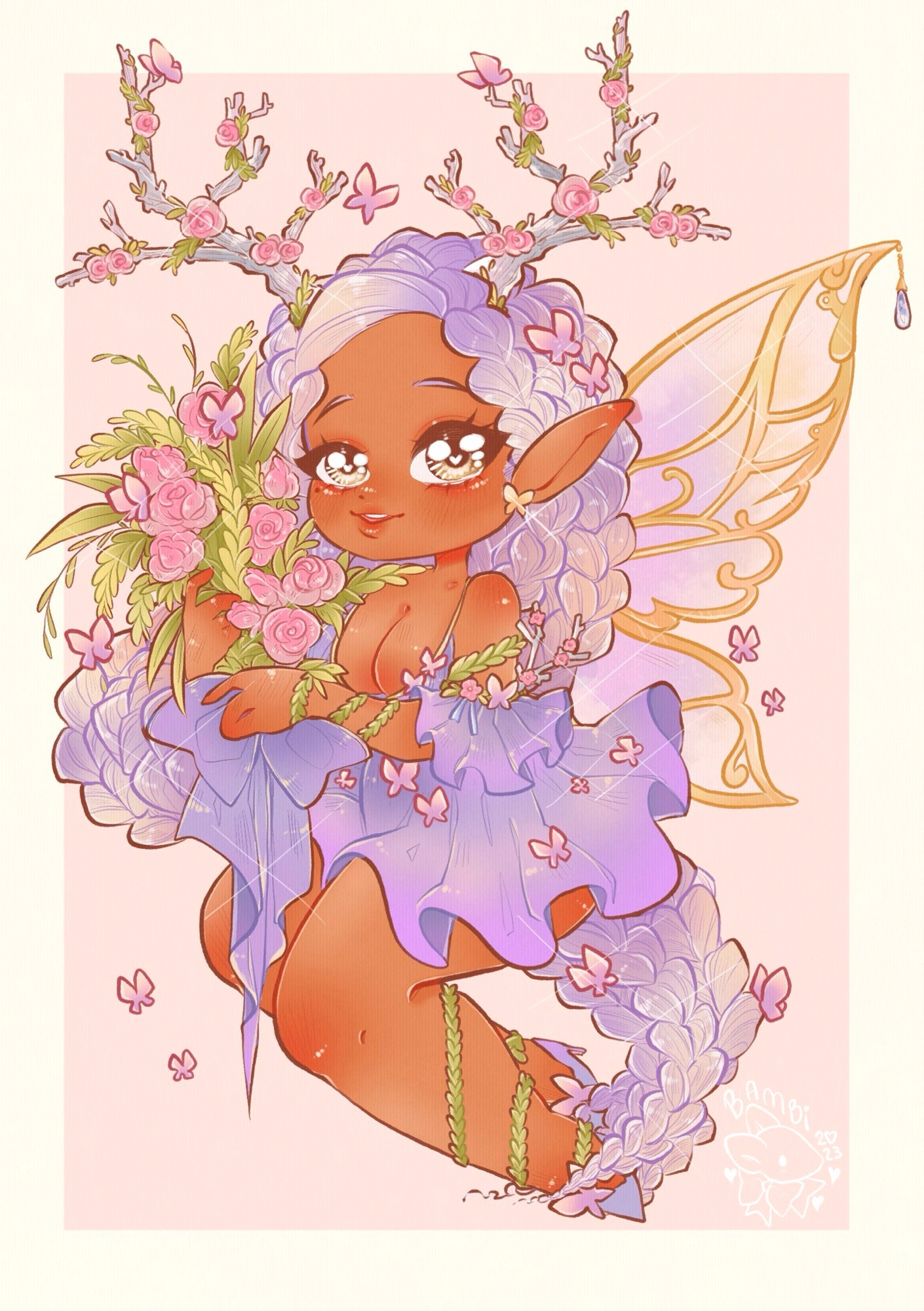 Artwork of Celestheia, an Earth and Aether creator with a Fae coded aesthetic. She has flowering crystal branches for horns, long lilac goddess braids and wings the color of Dawn. She holds a bouquet of pink flowers in her hands. Artwork by @bambisartcorner