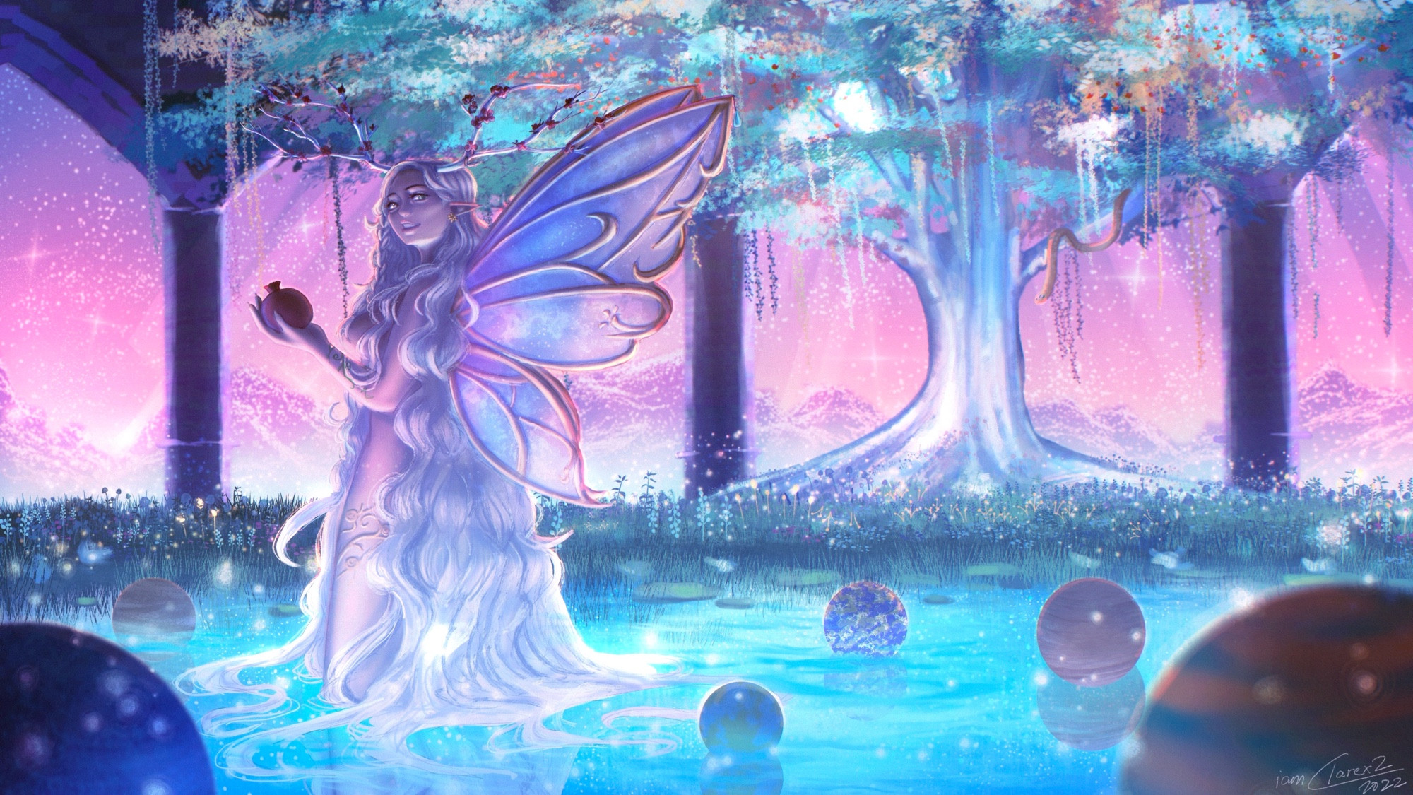 Artwork of Celestheia, an Earth and Aether creator with a Fae coded aesthetic. She has flowering crystal branches for horns, long platinum hair and wings the color of Dawn. She is standing in a lake of knee-deep water that glitters with starlight and is dotted with floating planets. Artwork by @iamclarex2