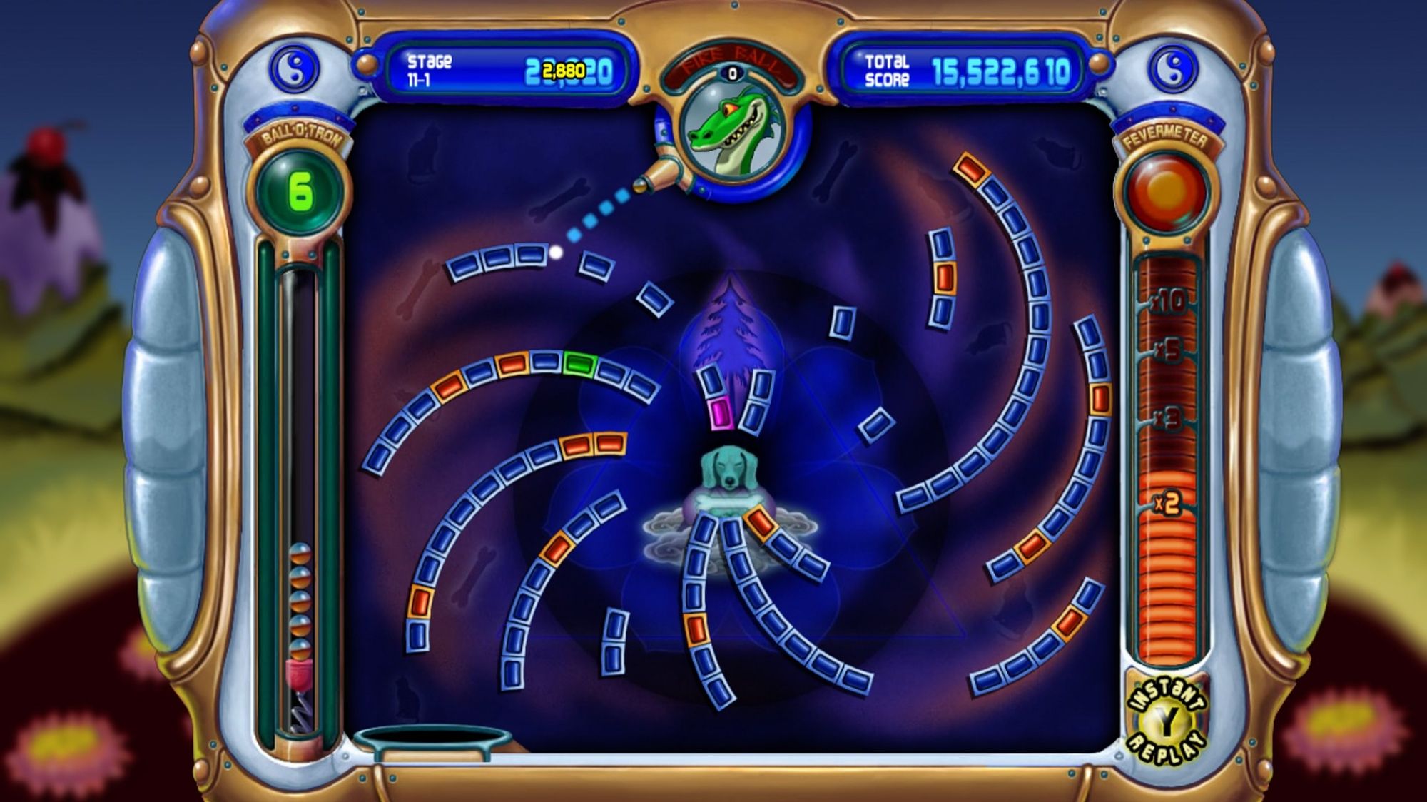 Peggle screenshot of a field of pegs and a dragon pointing a path to shoot a ball down