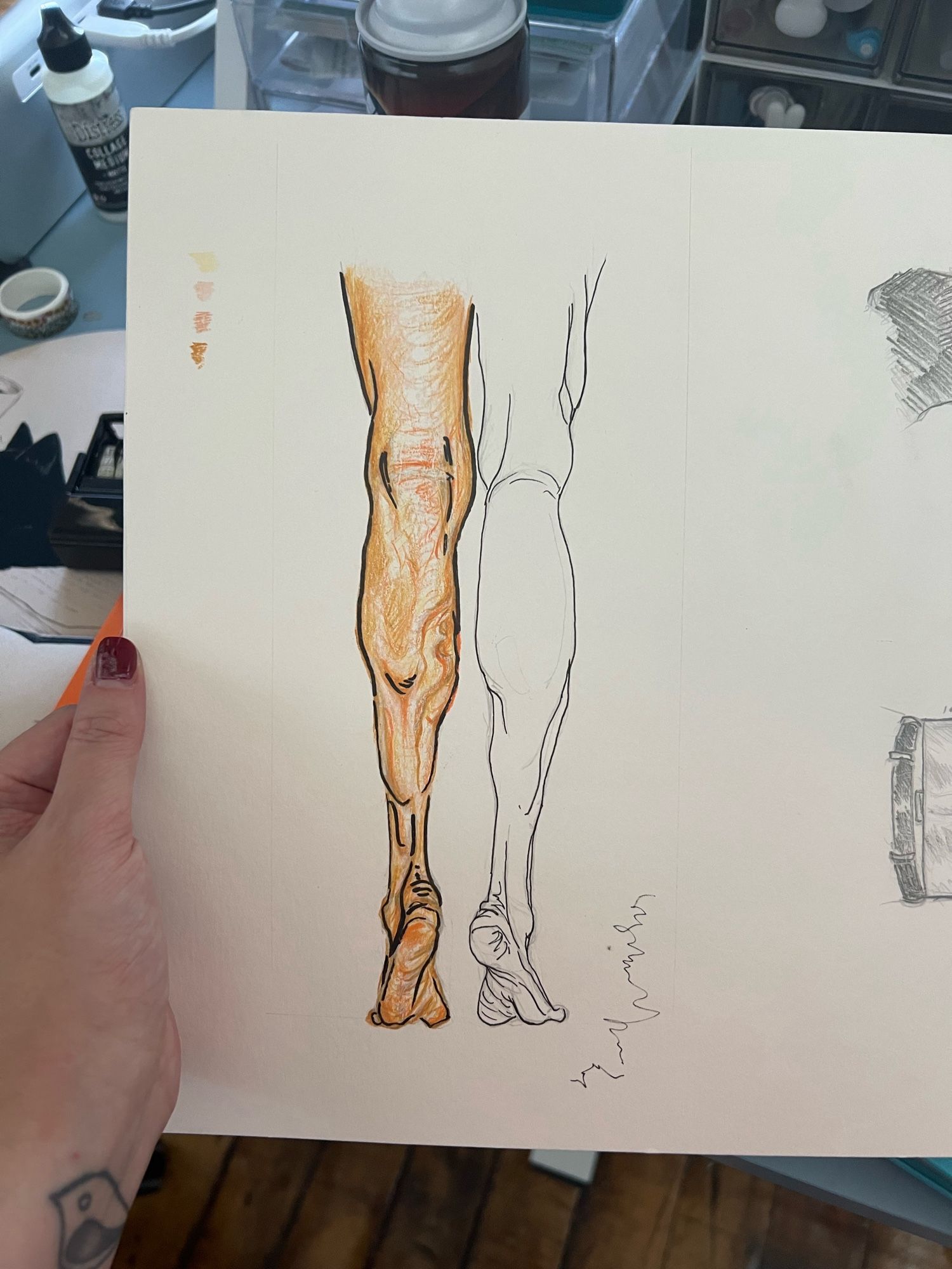 a closer look at the single leg that ran my patience out after AN HOUR of shading with colored pencils HOW DO PEOPLE USE THEM EVER omg 

the slightly uneven weight distribution of the model's hips (they're up on their toes) is well portrayed through their feet, though.