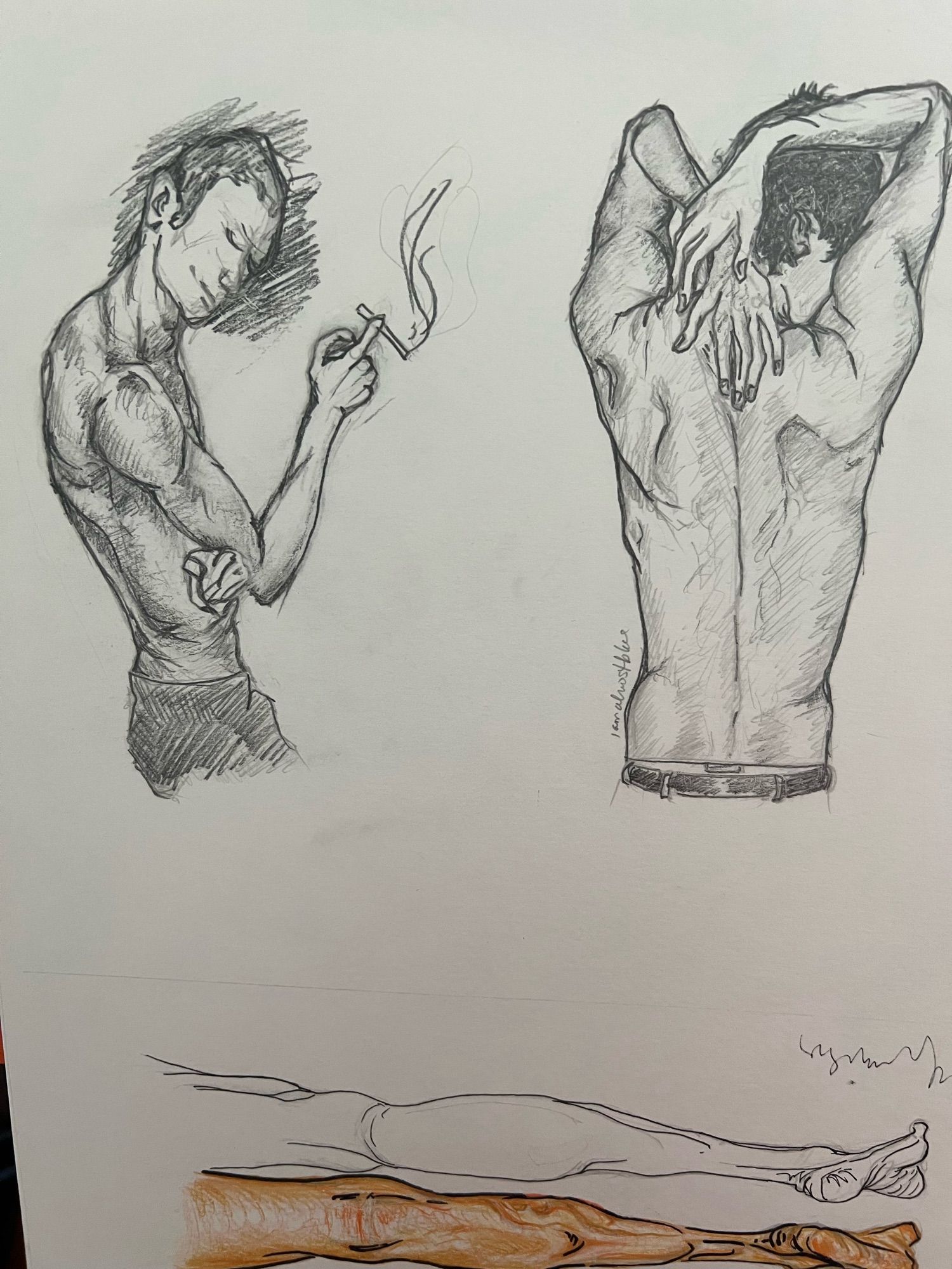 some pencil anatomy studies; an asian man in sweatpants with a shave head smoking a cigarette with his arms crossed; a boy with curly dark hair reaching his hands back over his head to touch his bare spine; and a pair of half-colored skinny, muscular legs.