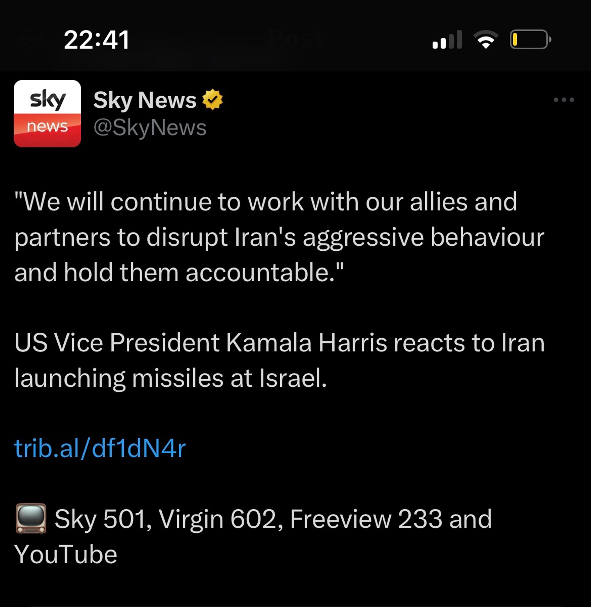 "We will continue to work with our allies and partners to disrupt Iran's aggressive behaviour and hold them accountable."
US Vice President Kamala Harris reacts to Iran launching missiles at Israel.
trib.al/df1dN4r
Sky 501, Virgin 602, Freeview 233