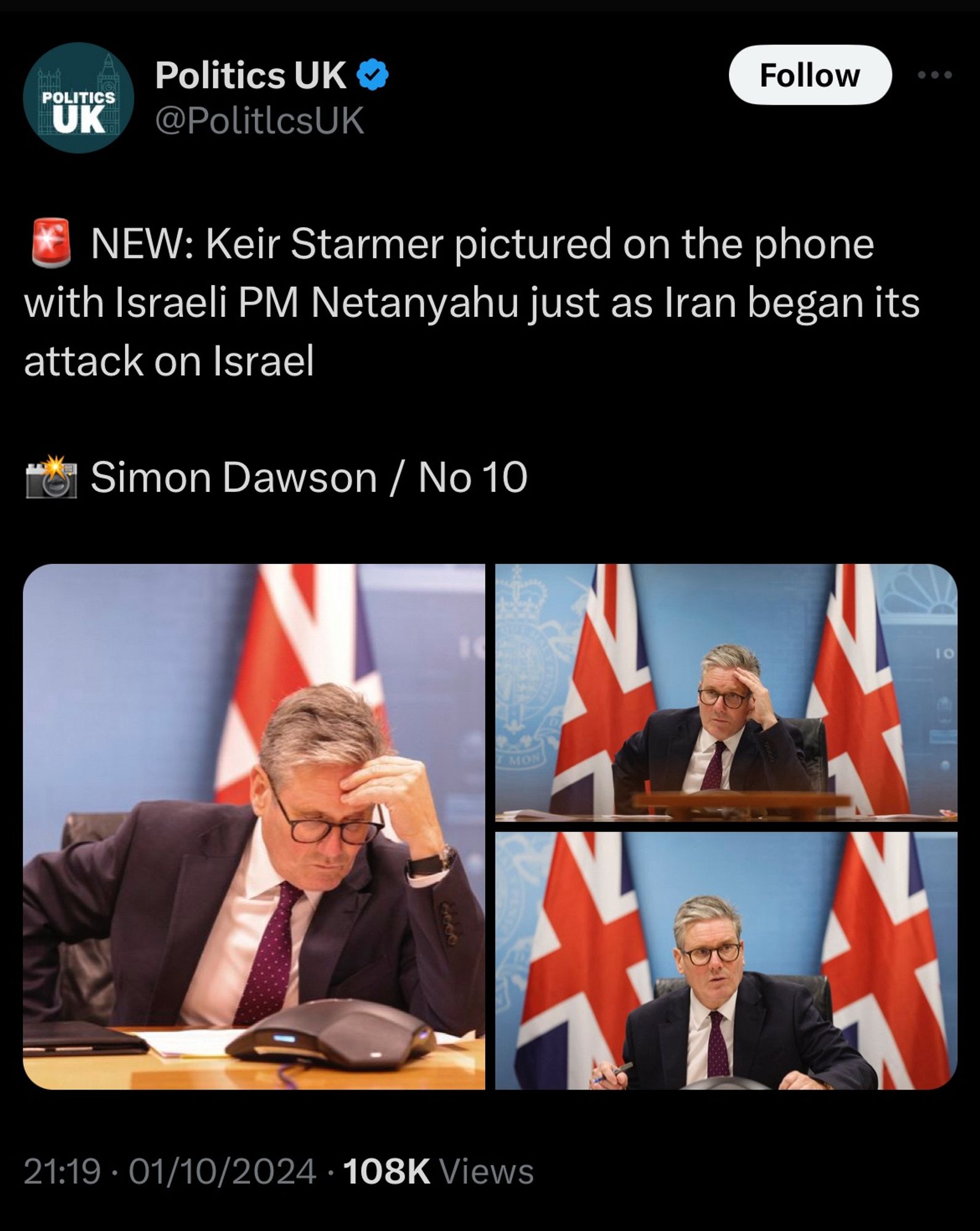 🚨 NEW: Keir Starmer pictured on the phone with Israeli PM Netanyahu just as Iran began its attack on Israel

Various pictures with Starmer and two Union jacks looking at a spider phone, pretending to be concerned