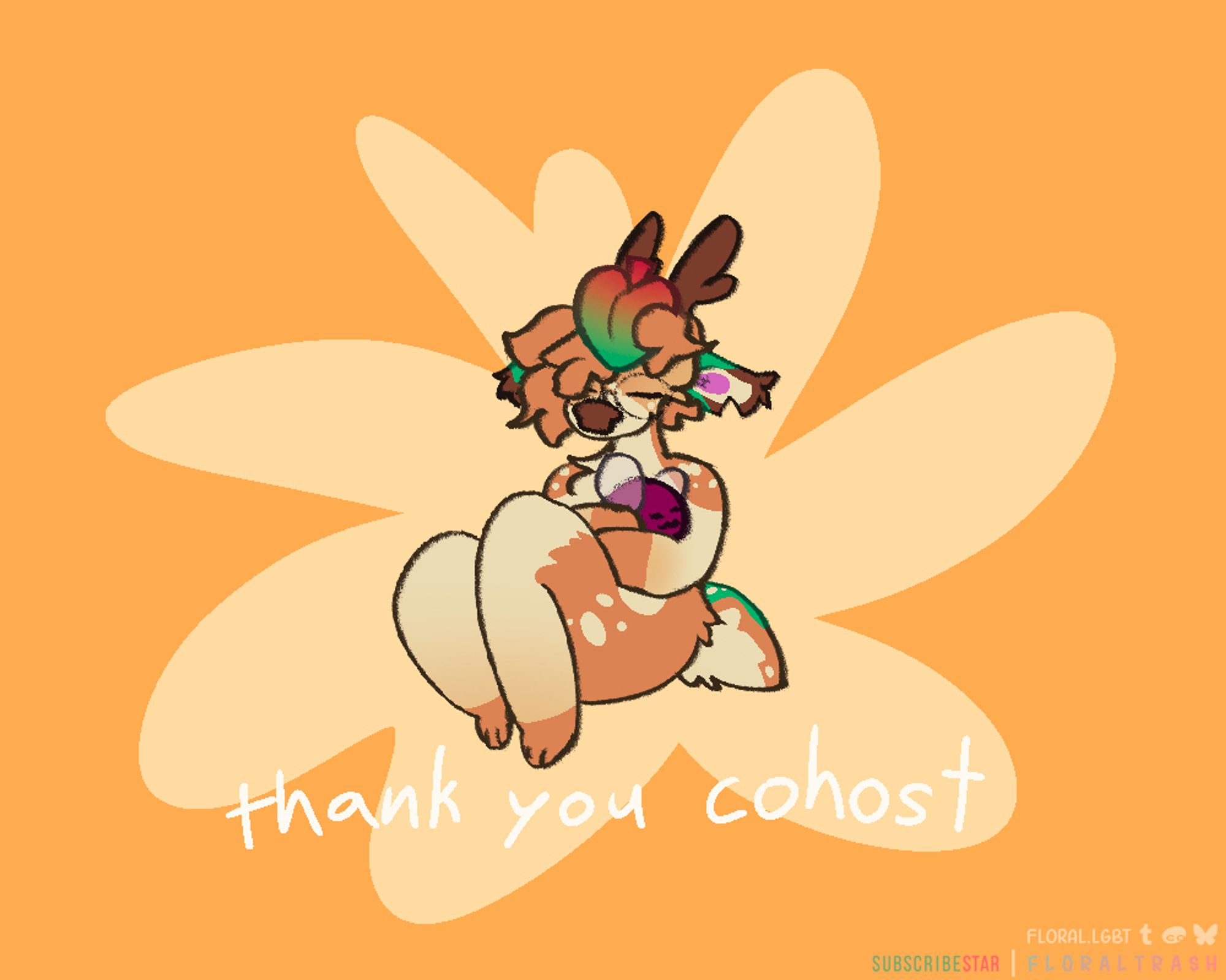 My deer sona Brioche holding Cohost mascot Eggbug in solace, with the caption "Thank You Cohost"