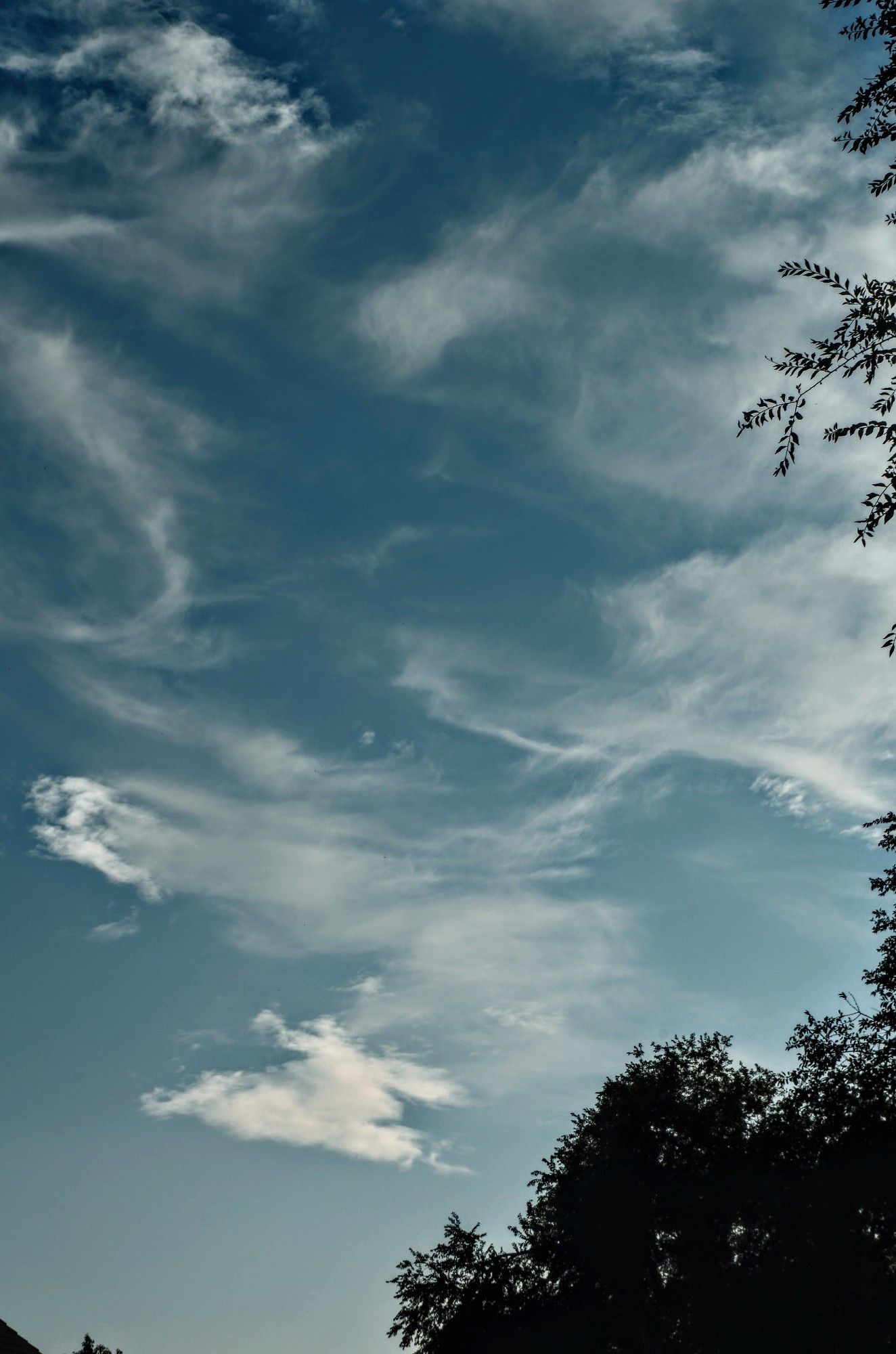 Wispy white clouds in blue sky.