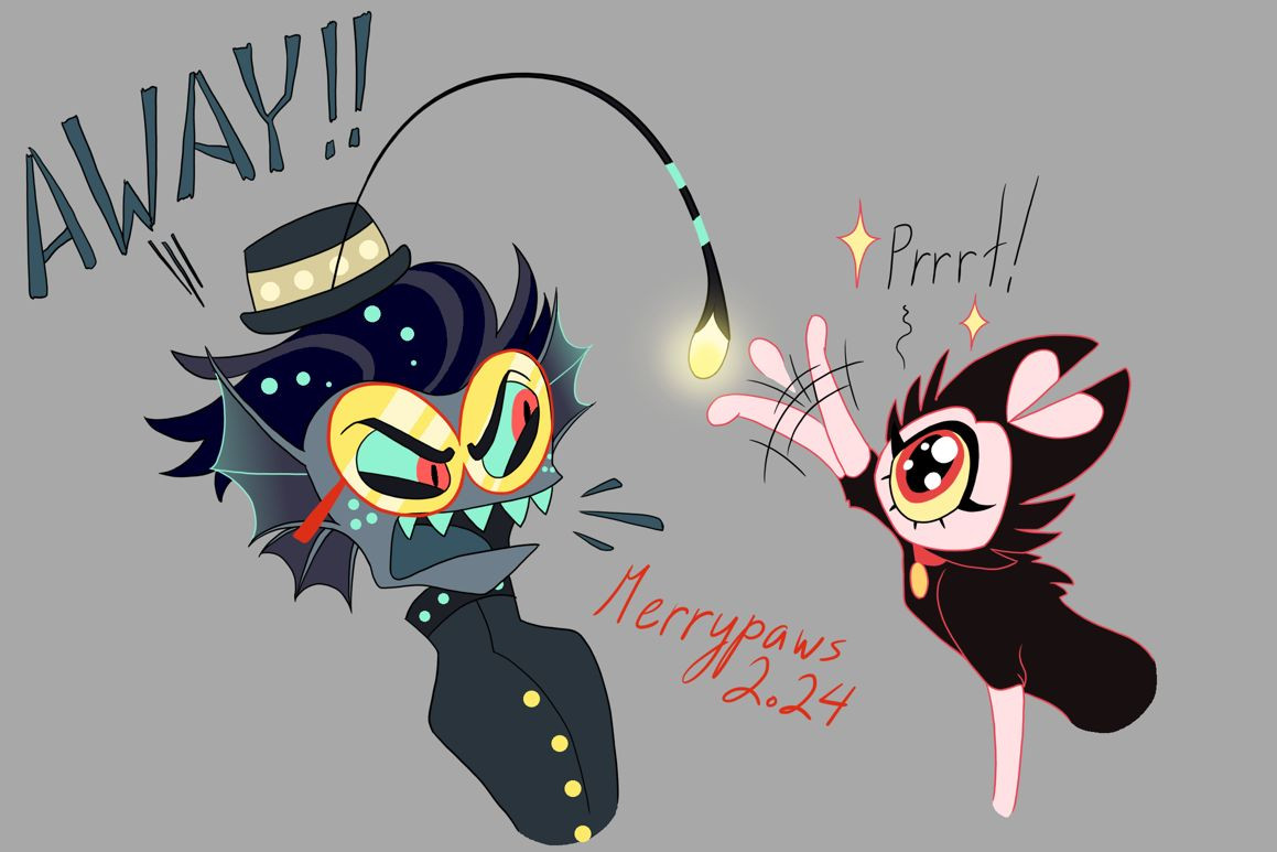 Characters Baxter and Keekee from the show Hazbin Hotel. Keekee is batting at the shiny anglerfish lure that sticks out of Baxter's hat like a cat toy, enraptured by its glow. Baxter is leaning away from her, looking aggravated and shouting "Away!!".