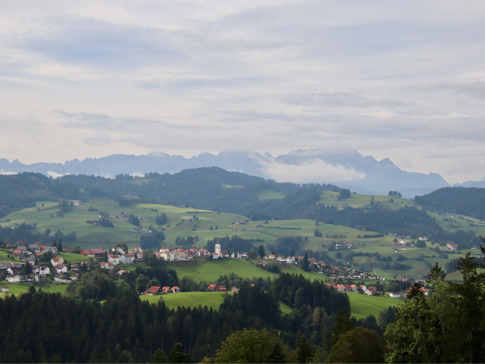 im vordergrund das kleine dorf wald, dahinter hügel und berge