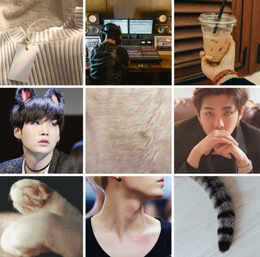 A fanfic moodboard for 'pet the kitty, call me catty.' Photos include a soft white sweater, not-Yoongi hard at work producing music, a hand holding an iced coffee, Yoongi wearing black cat ears, Namjoon dressed in business attire leaning forward making intense eye contact with his hands in front of his mouth, and Yoongi's neck and jawline in profile seemingly marked up a bit, along with white cat paws with pink toe beans and a striped cat tail.